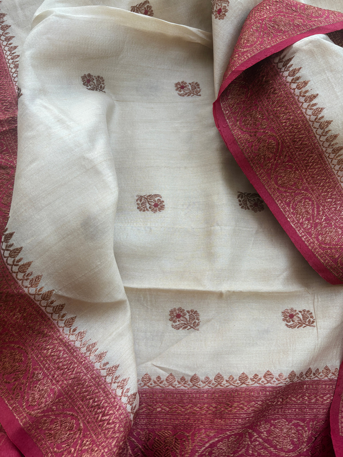 Cream tussar suit with red shaded dupatta