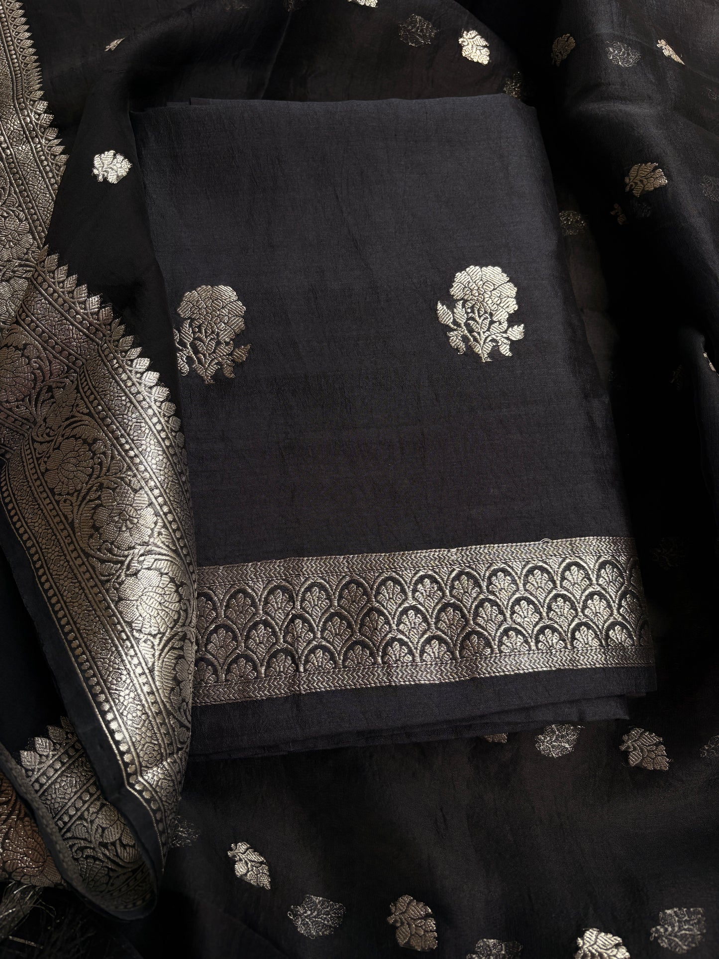 Black silver zari Chiniya silk suit set