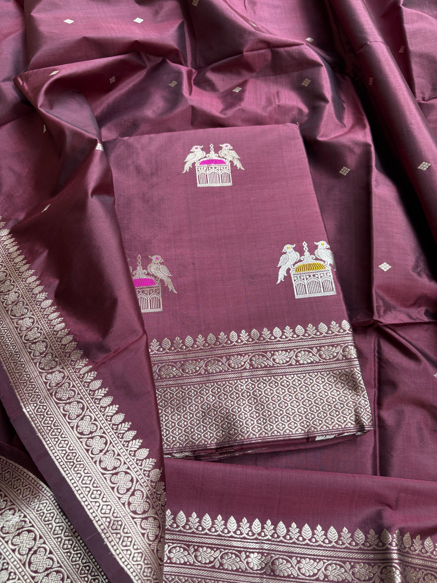 Wine katan by katan silk kadhwa suit set