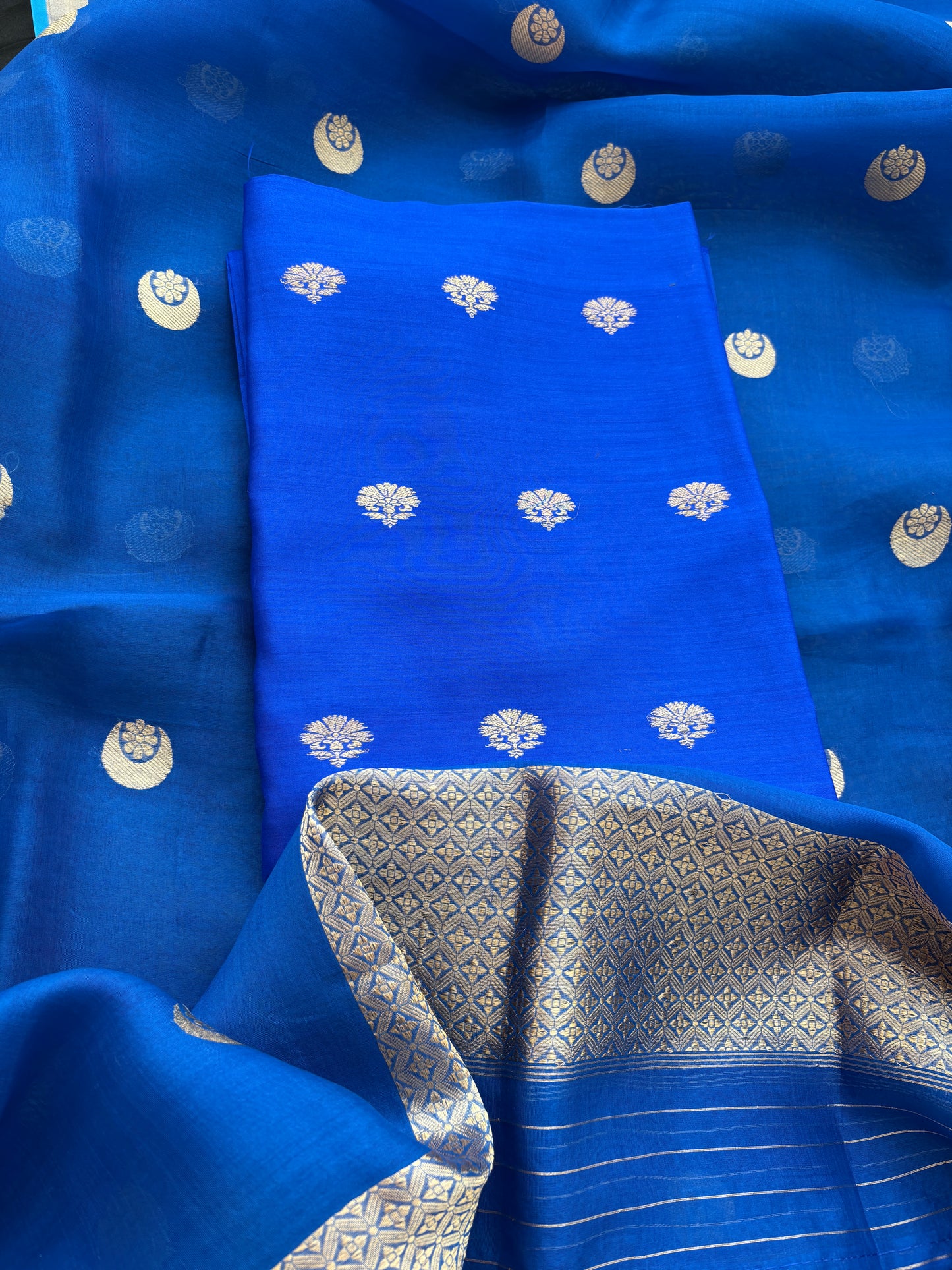 Blue raw mango silk kurta bottom and kora silk dupatta