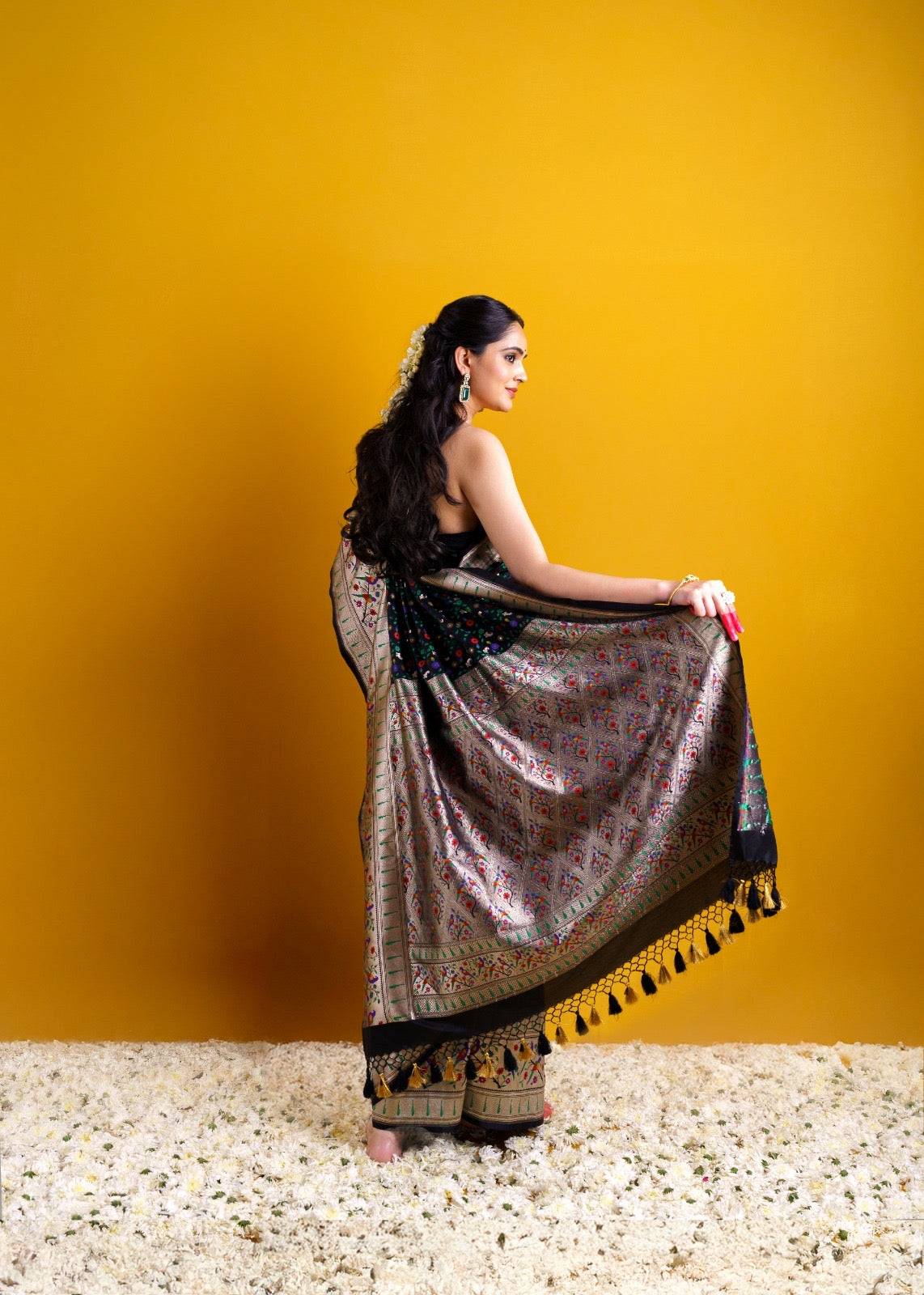 Black Banarasi Silk with Paithani weaving border and jaal weaving all over saree