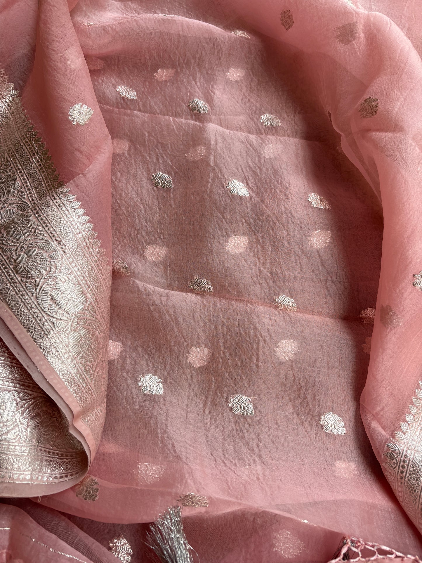 Pink silver zari Chiniya kora silk suit set