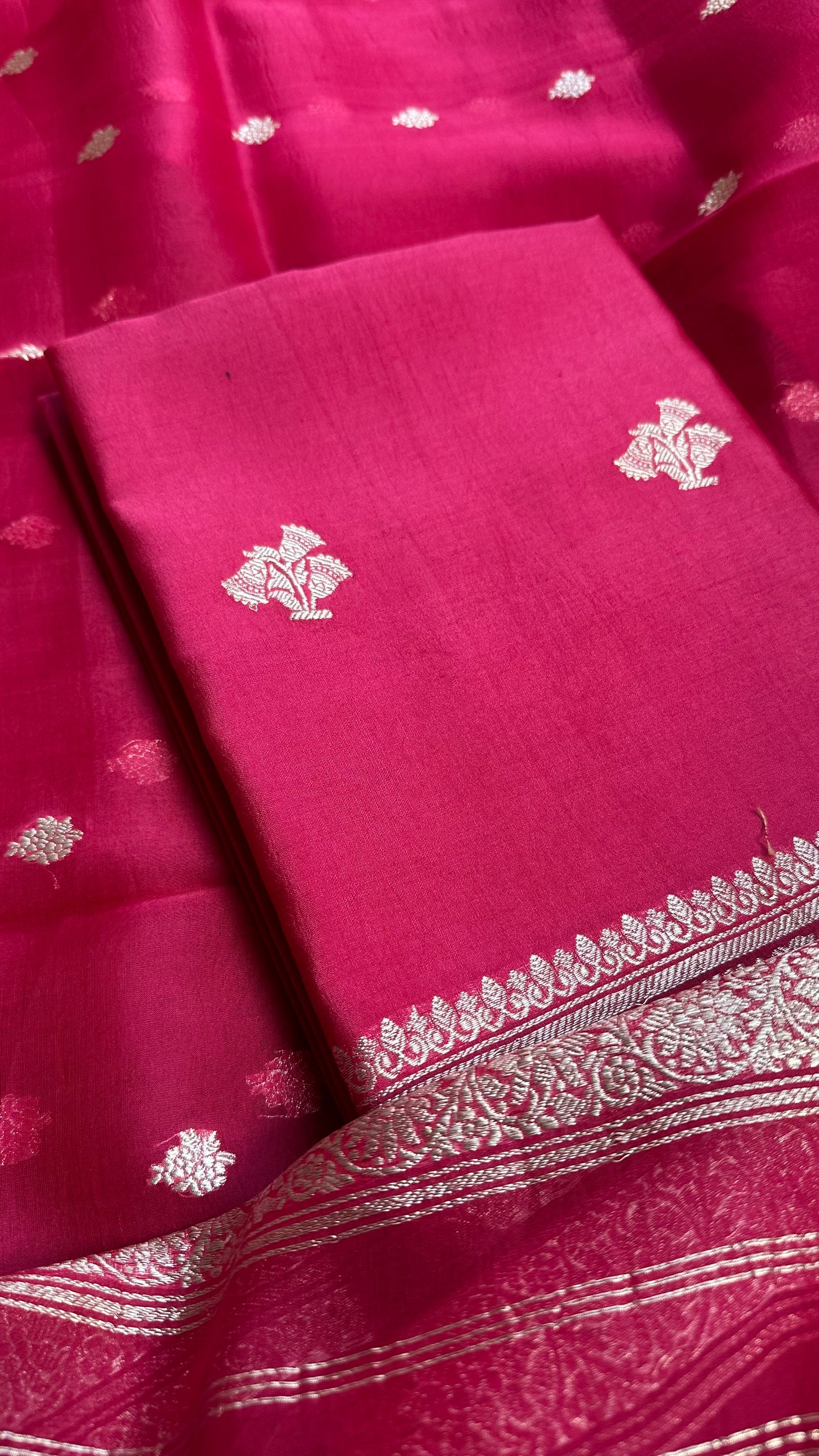 Pink pure silver zari chiniya silk kurta, kora silk dupatta, plain silk bottom.