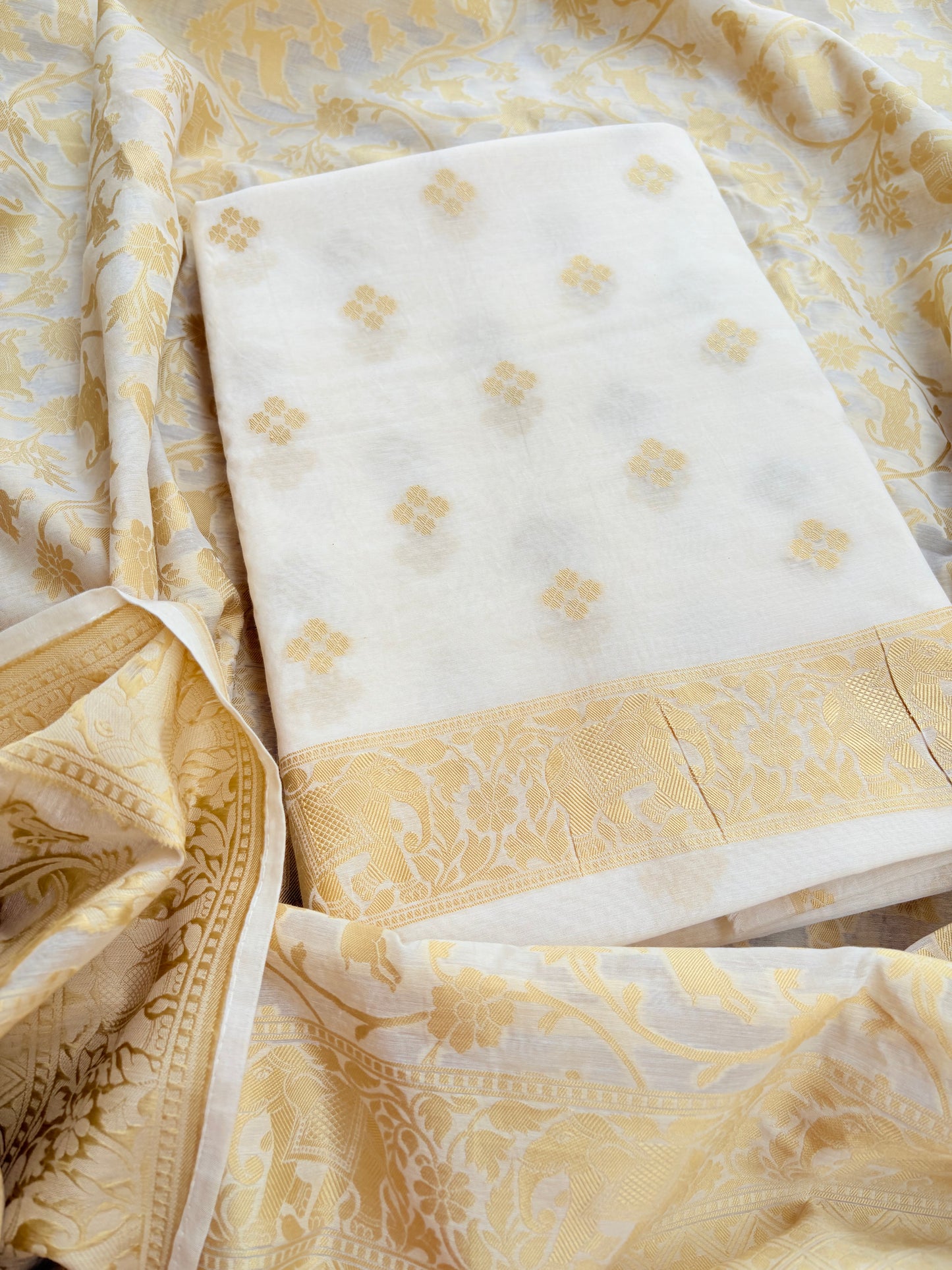 White base Chanderi shikargah suit set