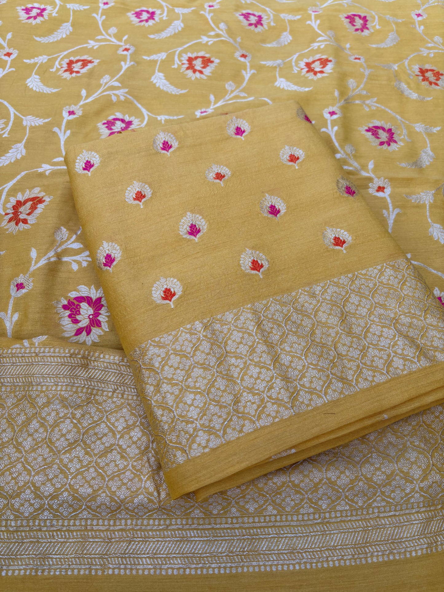Yellow meenadar moonga silk jaal suit set