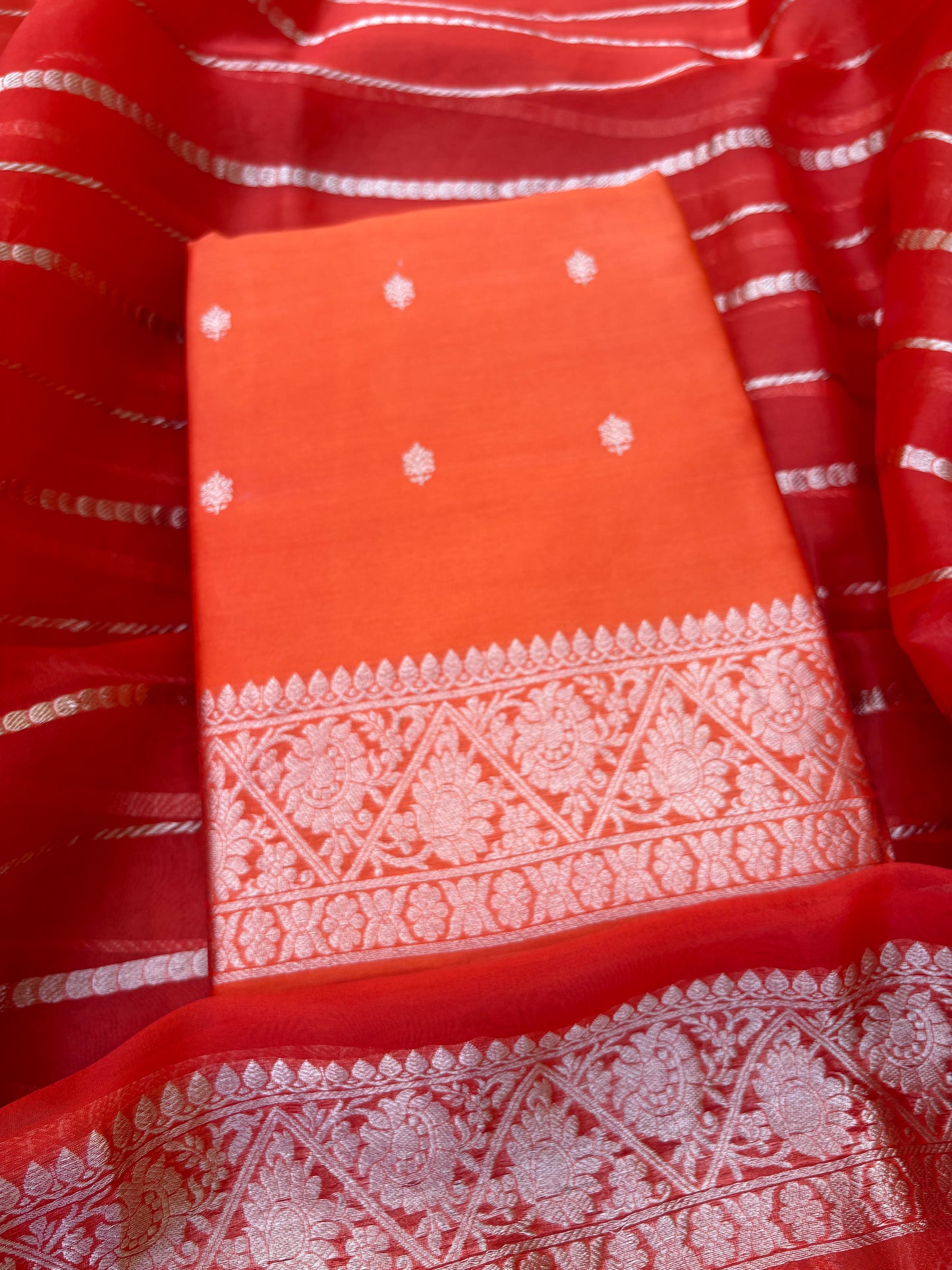 Orange raw mango silk kurta, bottom, kora dupatta