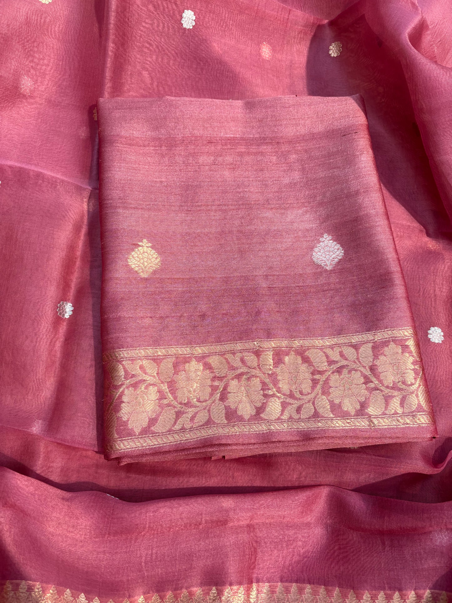 Pink tussar silk kurta, kora silk dupatta, plain silk bottom