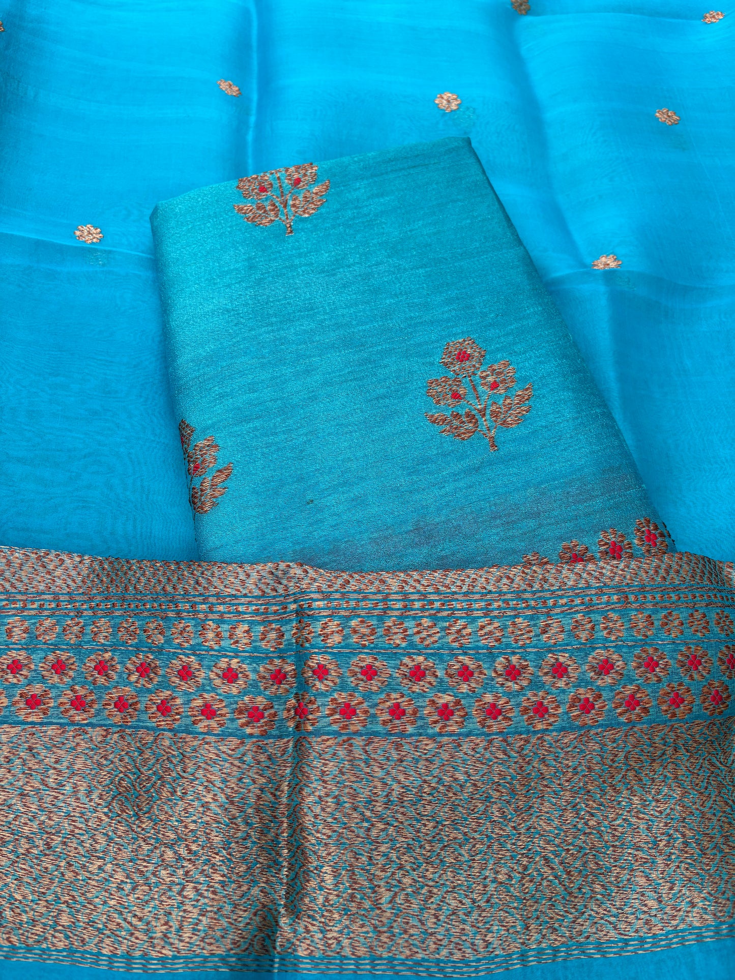 Warm blue raw silk tussar kadhwa suit, kora silk dupatta