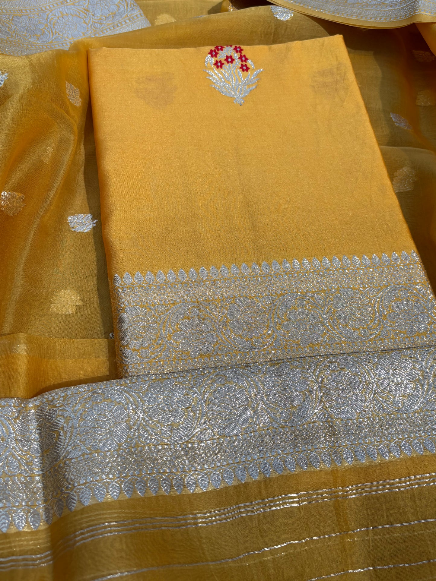Mustard meenadar silver zari Chiniya kora 3 piece suit set