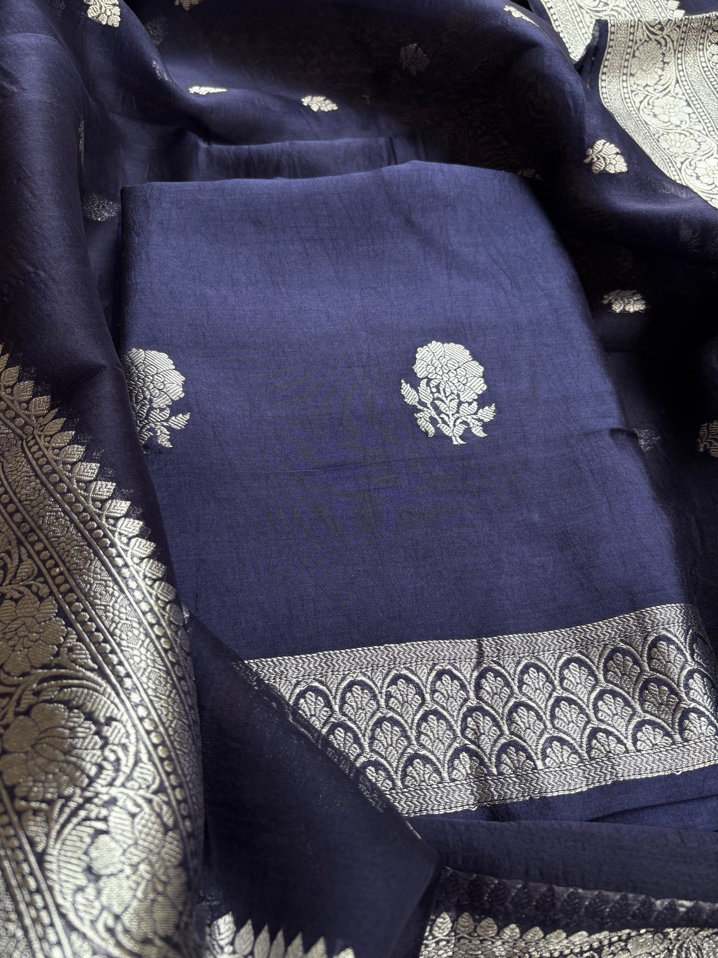 Blue Chiniya kora Chiniya silver zari suit set
