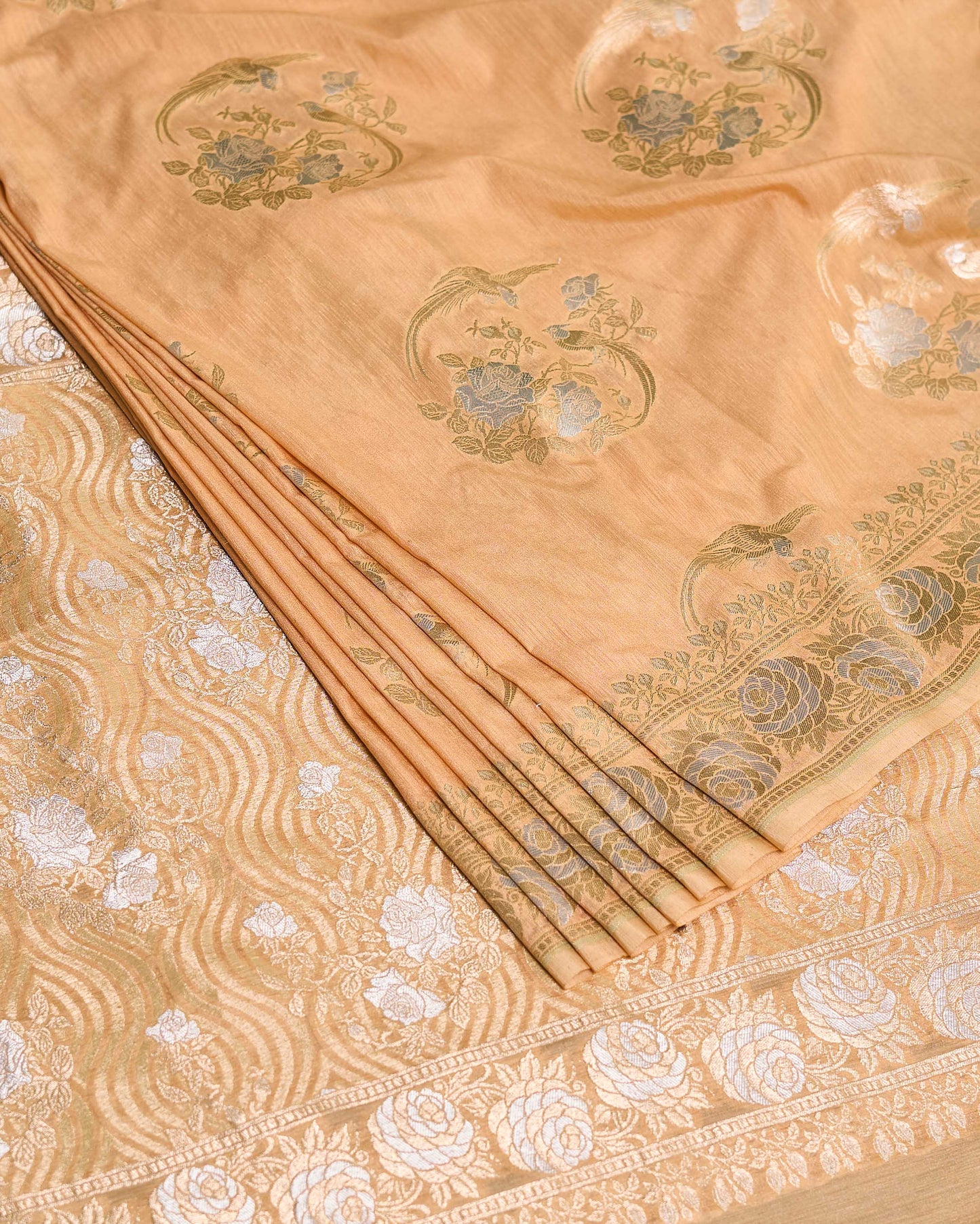 Peach bird design beautiful banarasi silk saree