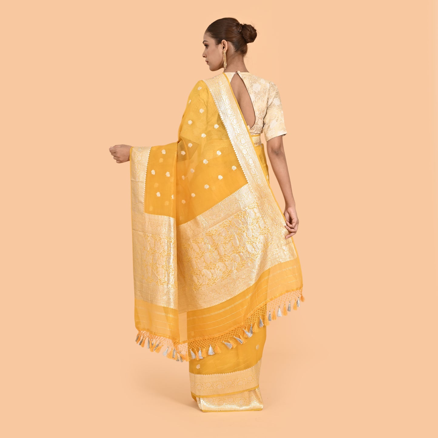 Yellow kora silk silver zari saree