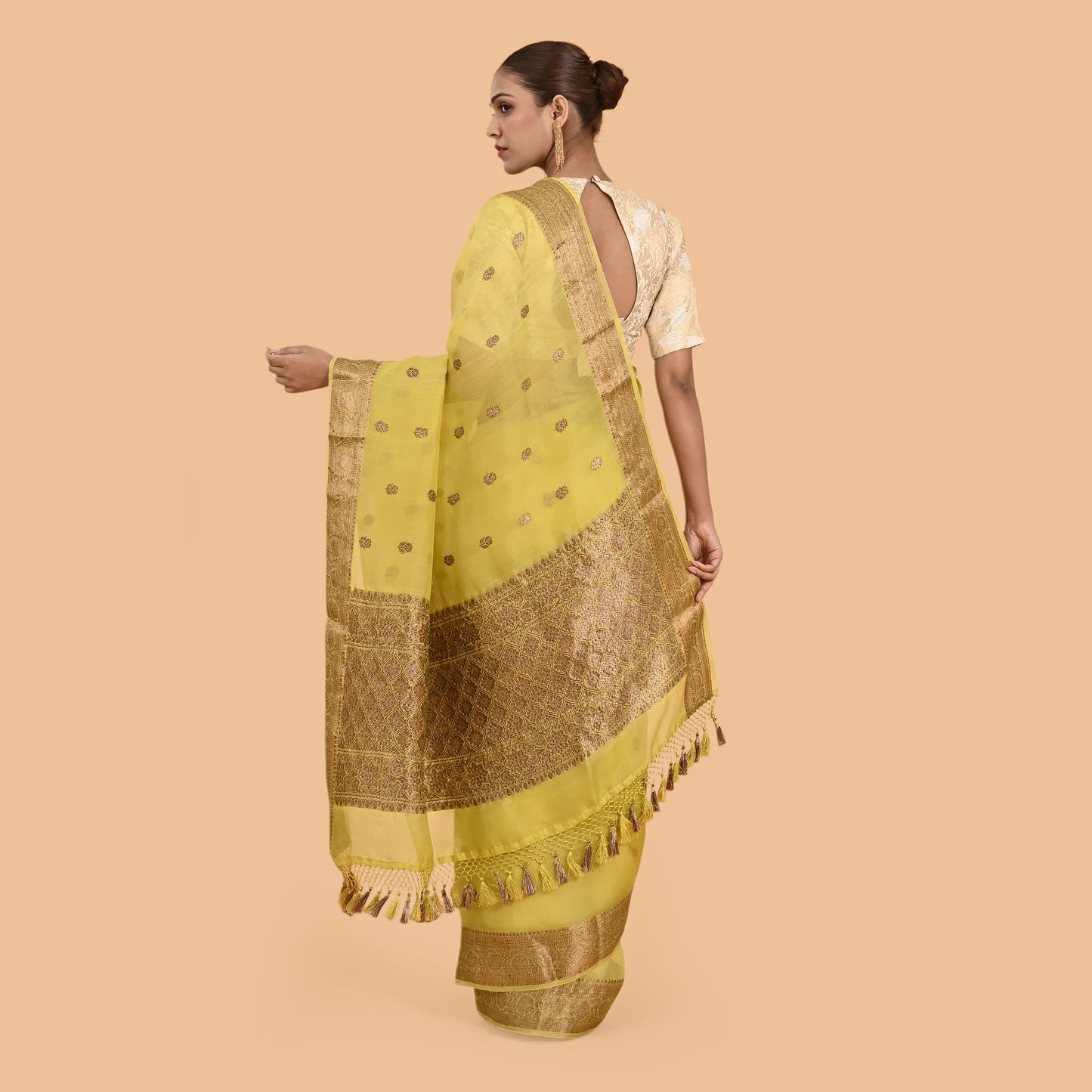 Yellow kora silk rust zari saree