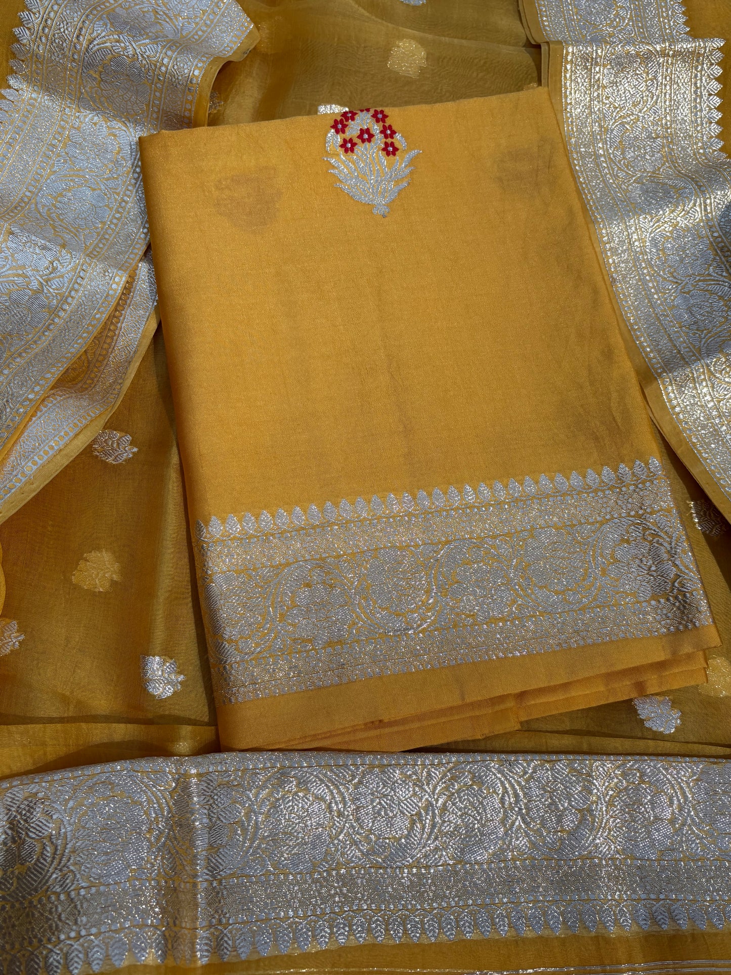 Mustard meenadar silver zari Chiniya kora 3 piece suit set