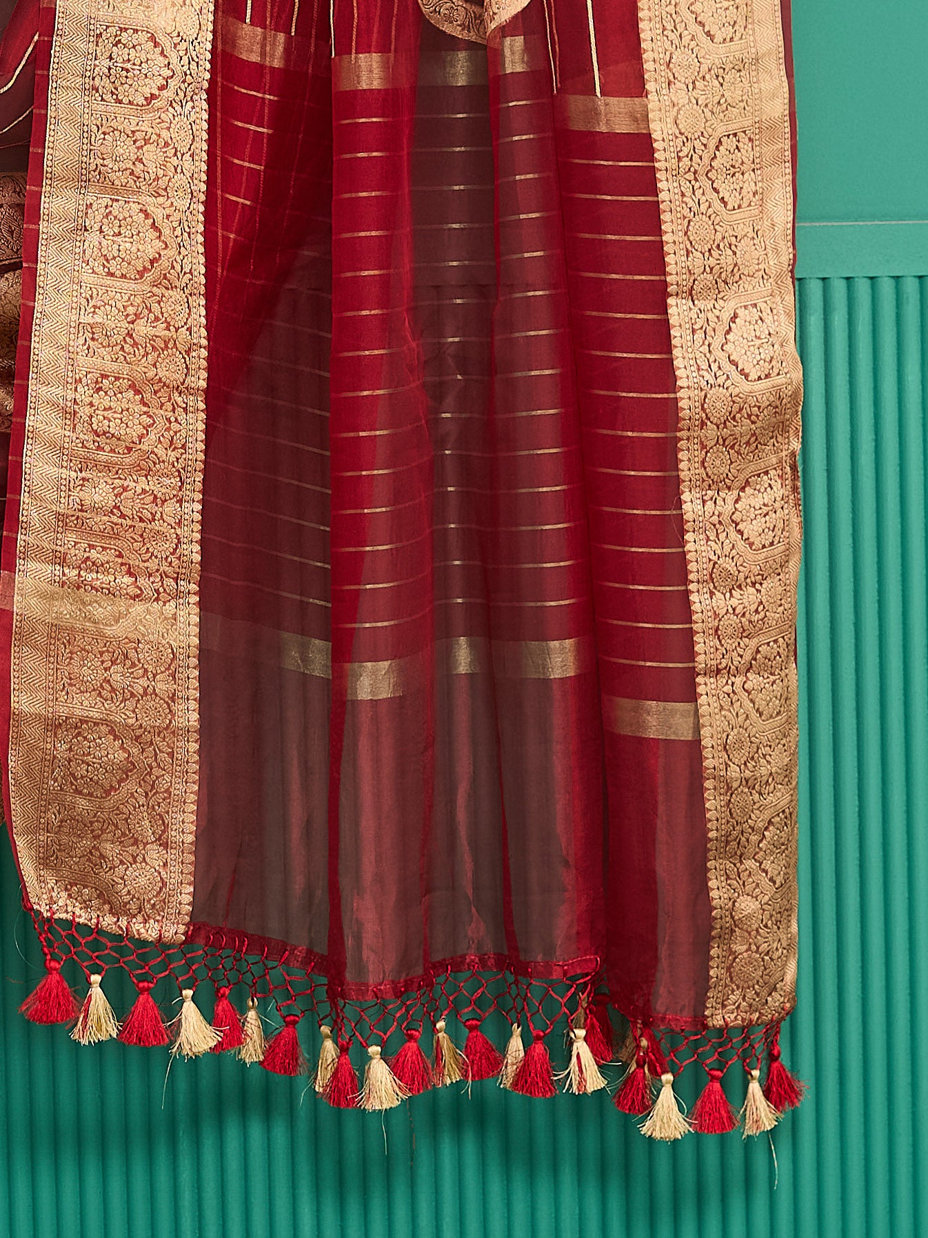 Red kora silk kadhwa weave saree