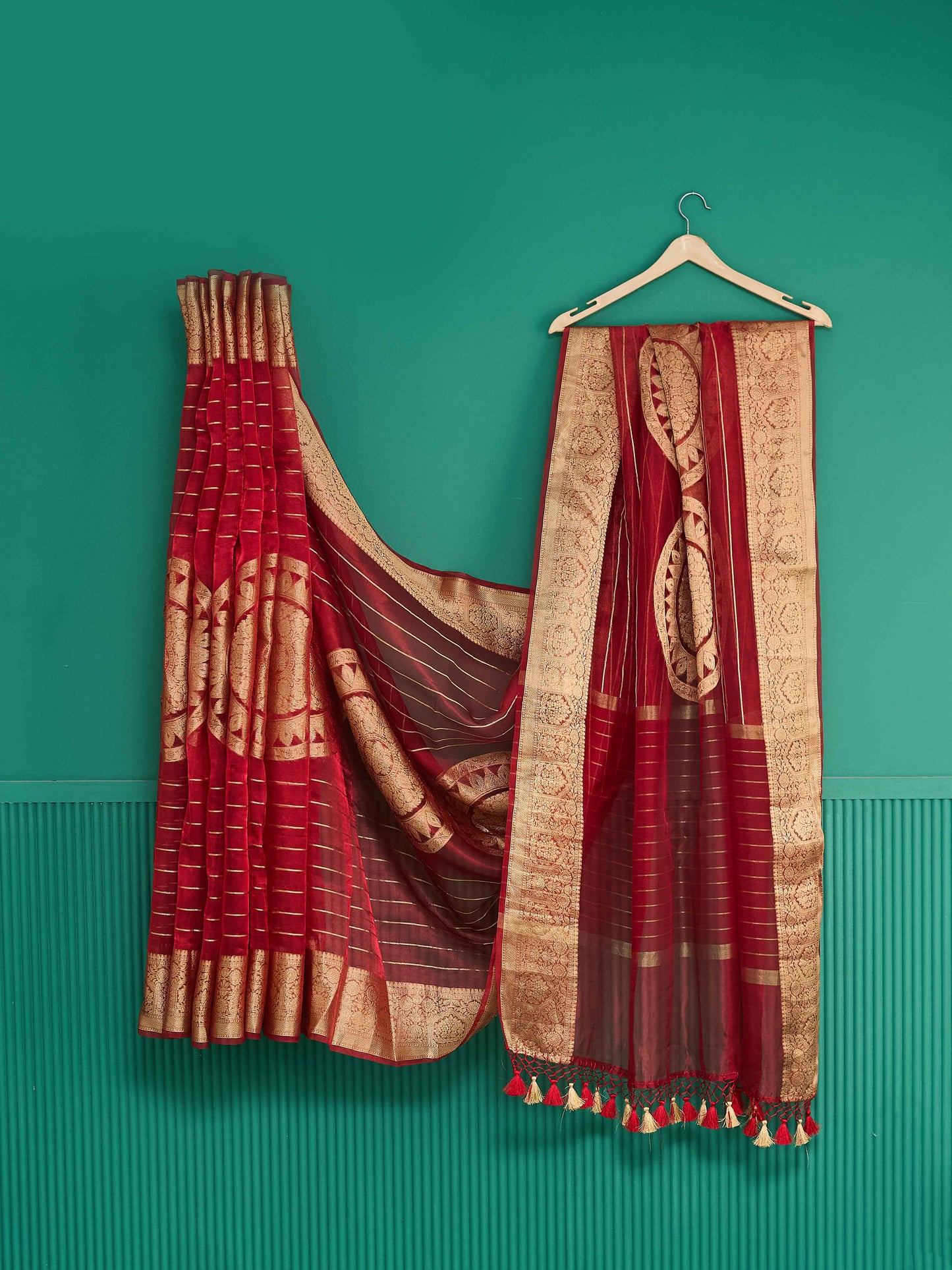 Red kora silk kadhwa weave saree