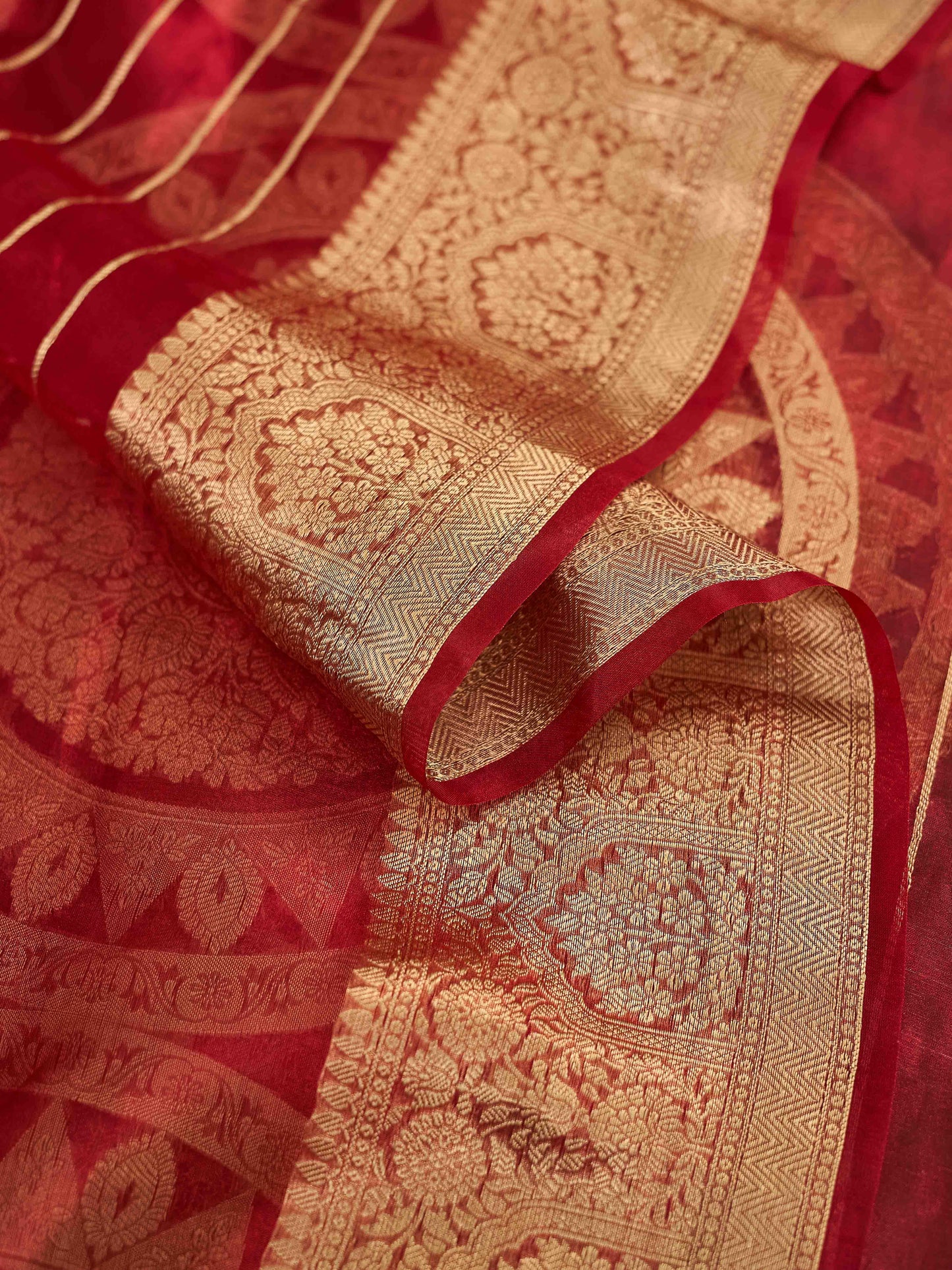 Red kora silk kadhwa weave saree