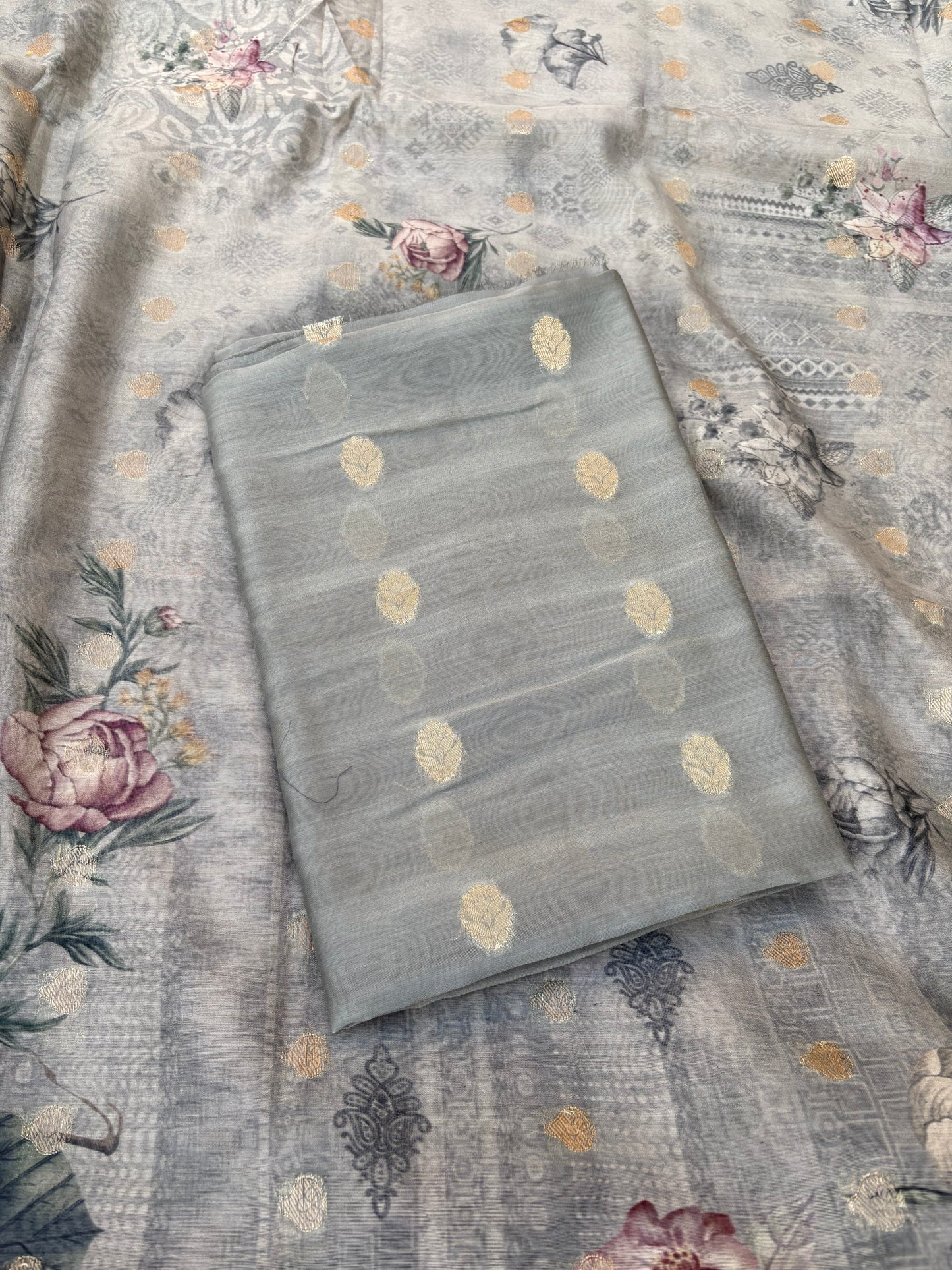 Grey mul Chanderi silk 3 piece suit set