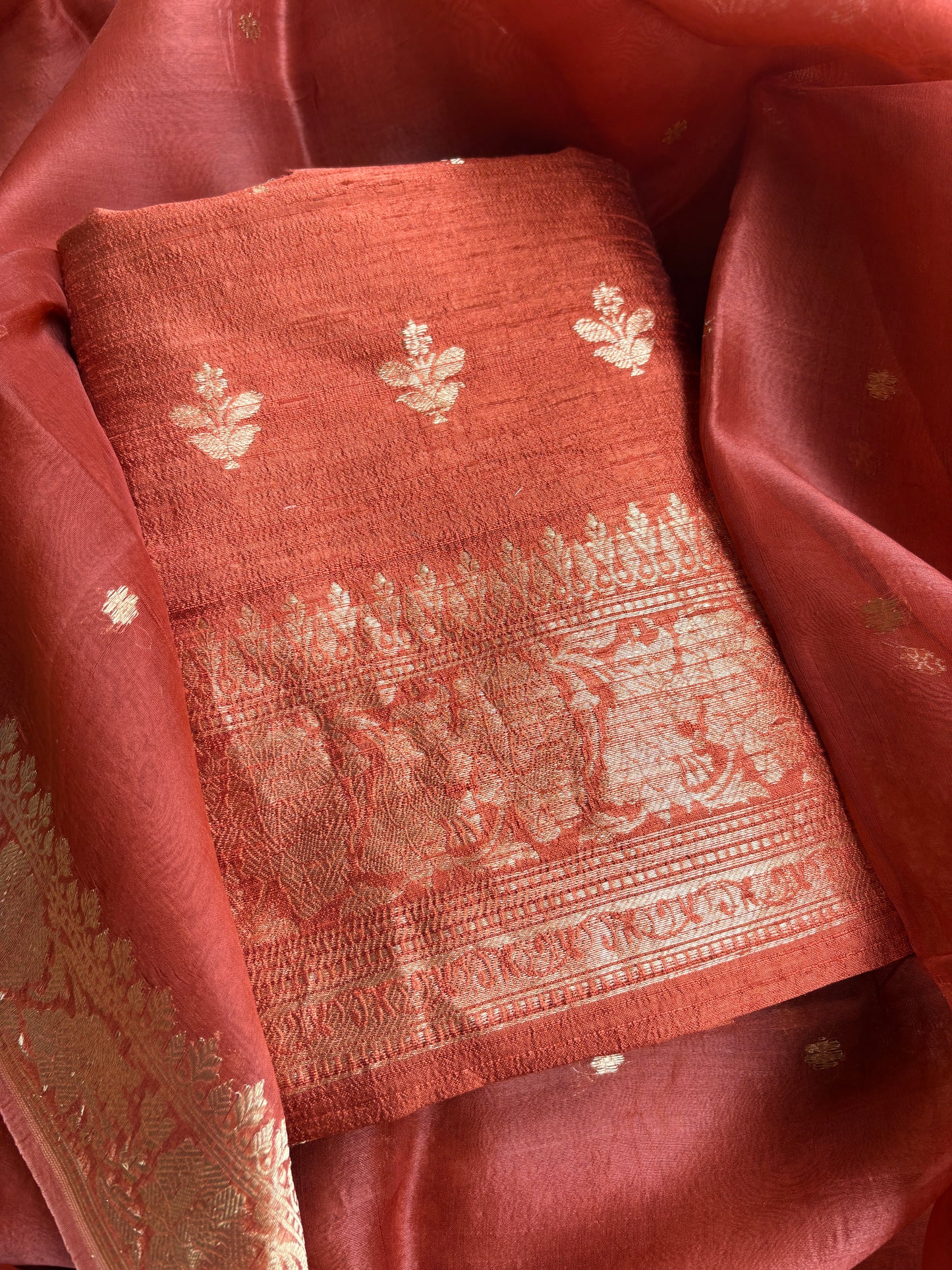 Rust raw silk kurta, bottom and kora kadhwa dupatta