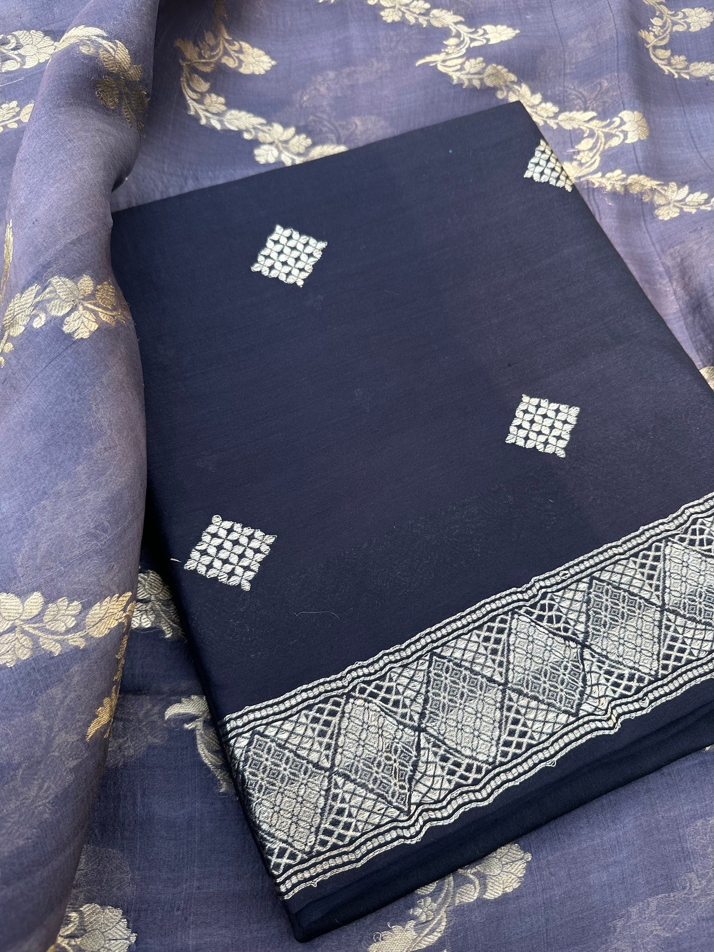 Black chiniya silk kurta, grey black dupatta, plain bottom