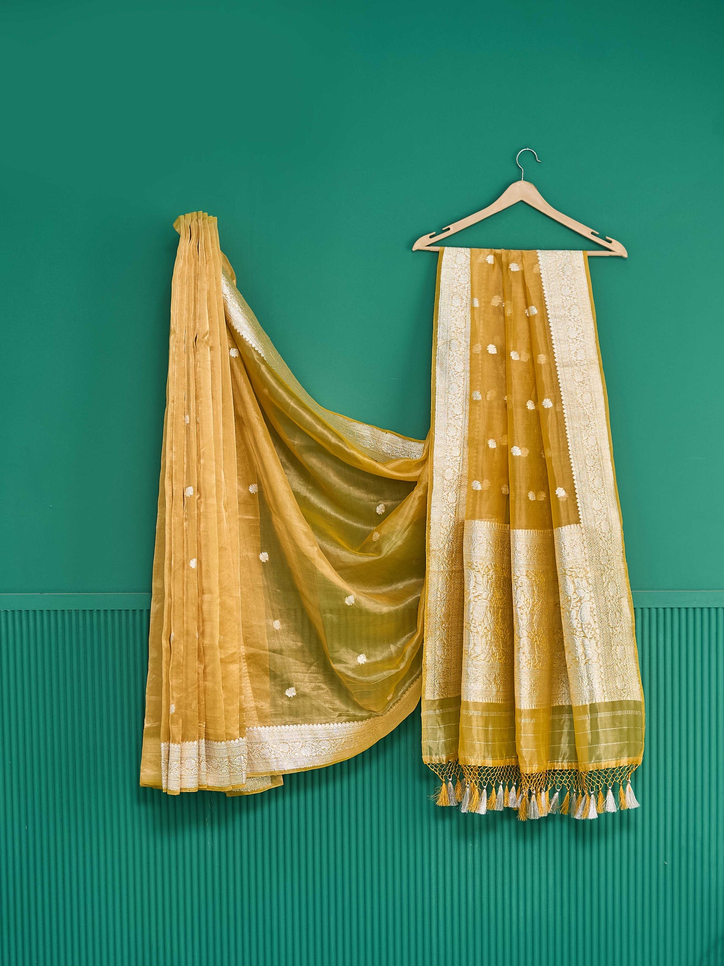Yellow golden silver zari tissue saree