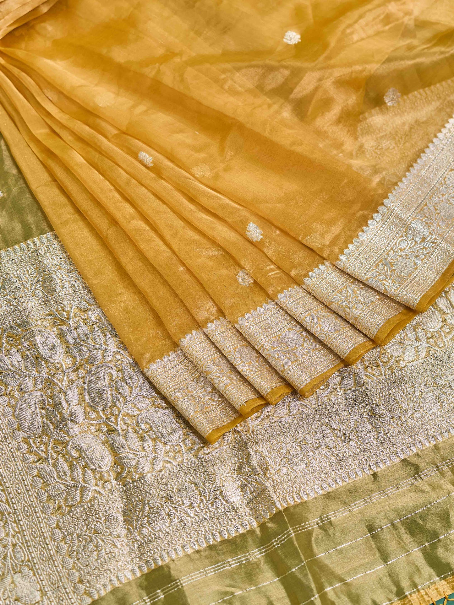 Yellow golden silver zari tissue saree