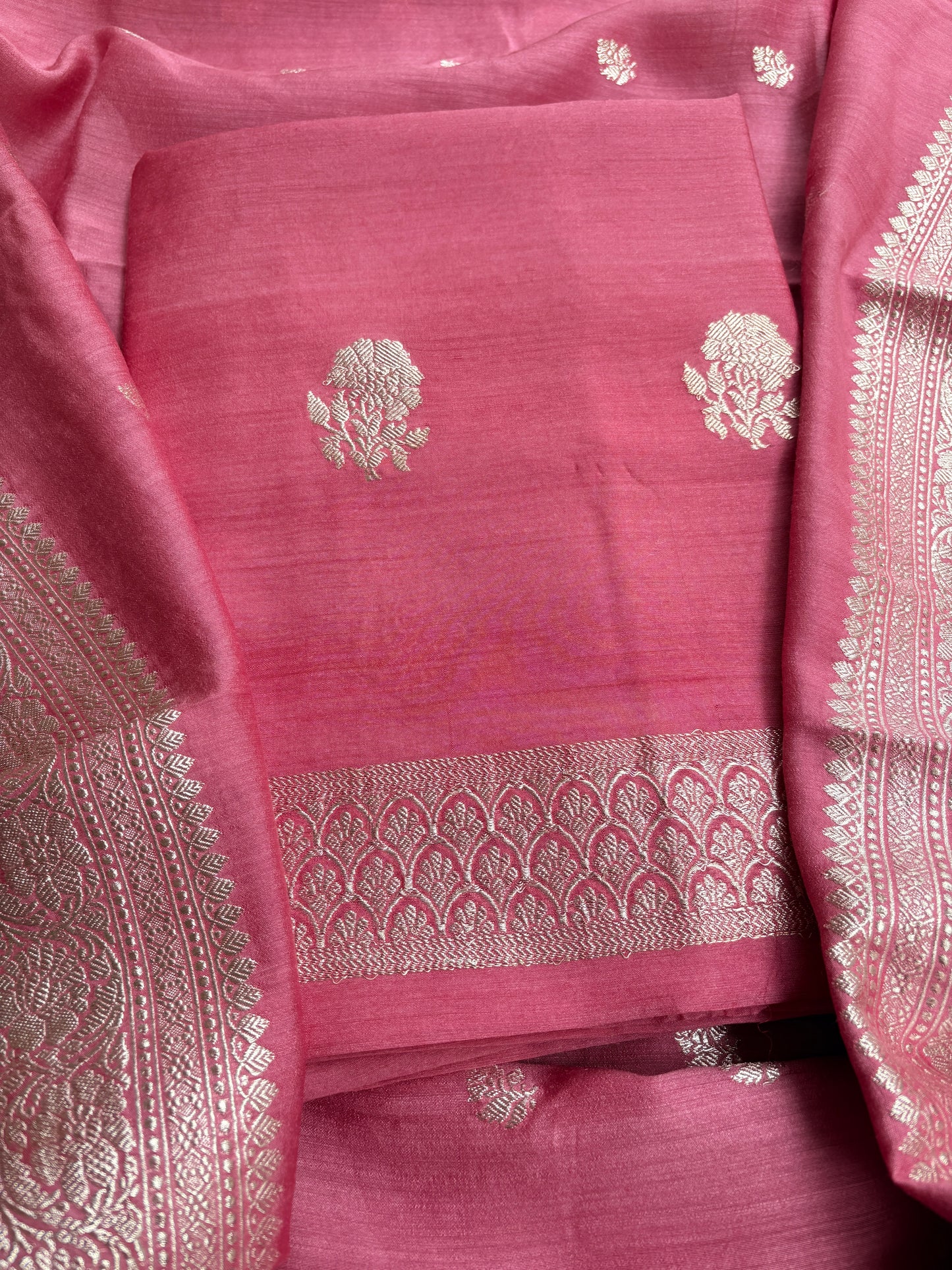 Peach moonga silk silver zari suit set