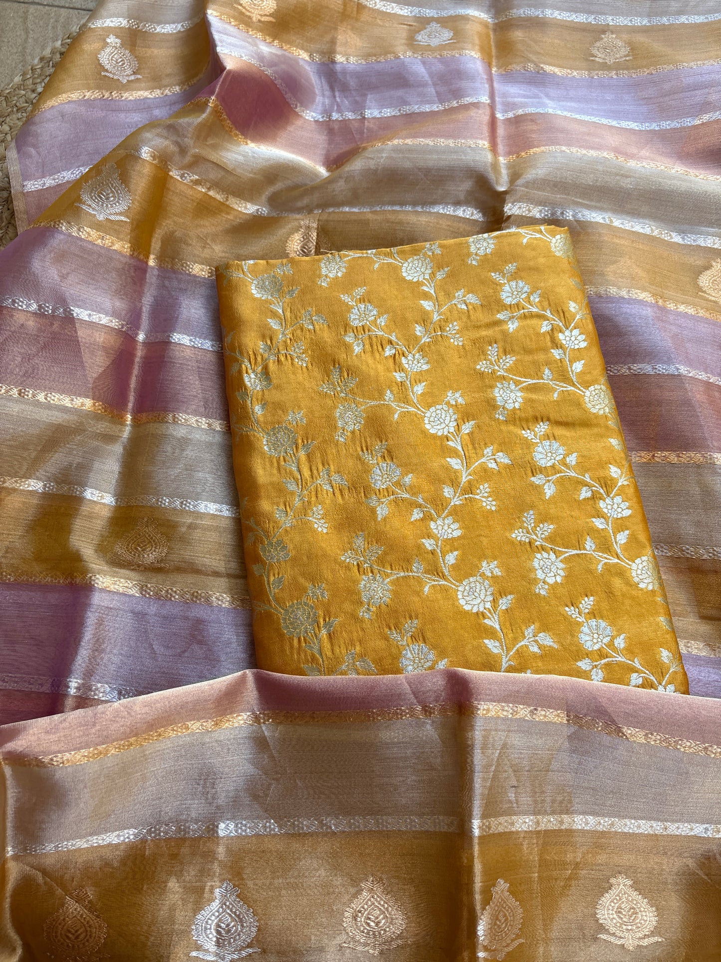 Yellow Chiniya silk kurta bottom and kora tissue dupatta