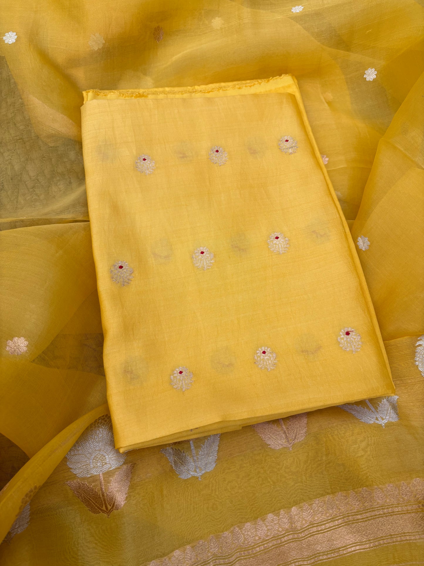 Yellow Chiniya silk kurta, kora silk dupatta , plain bottom