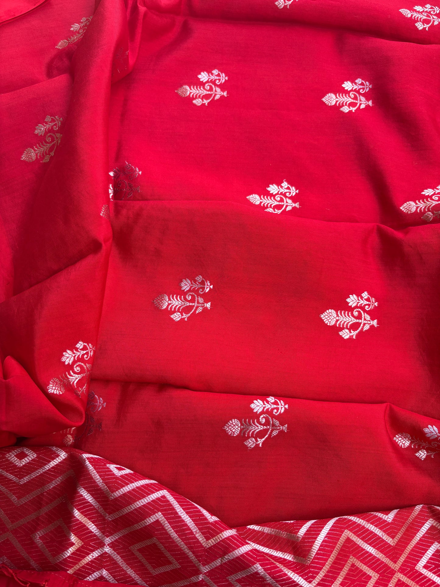 Red Chiniya silk 3 piece bird motif suit set