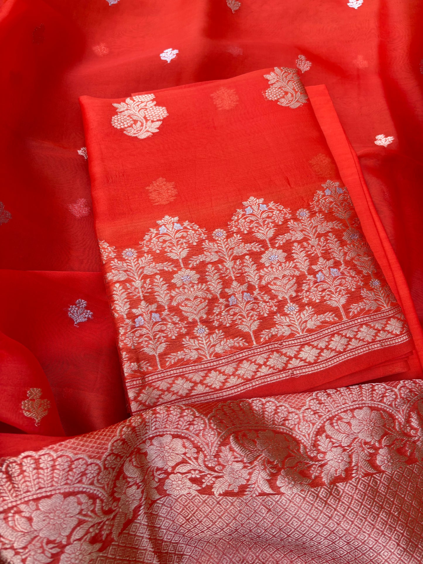 Orange kora kadhwa silk suit set