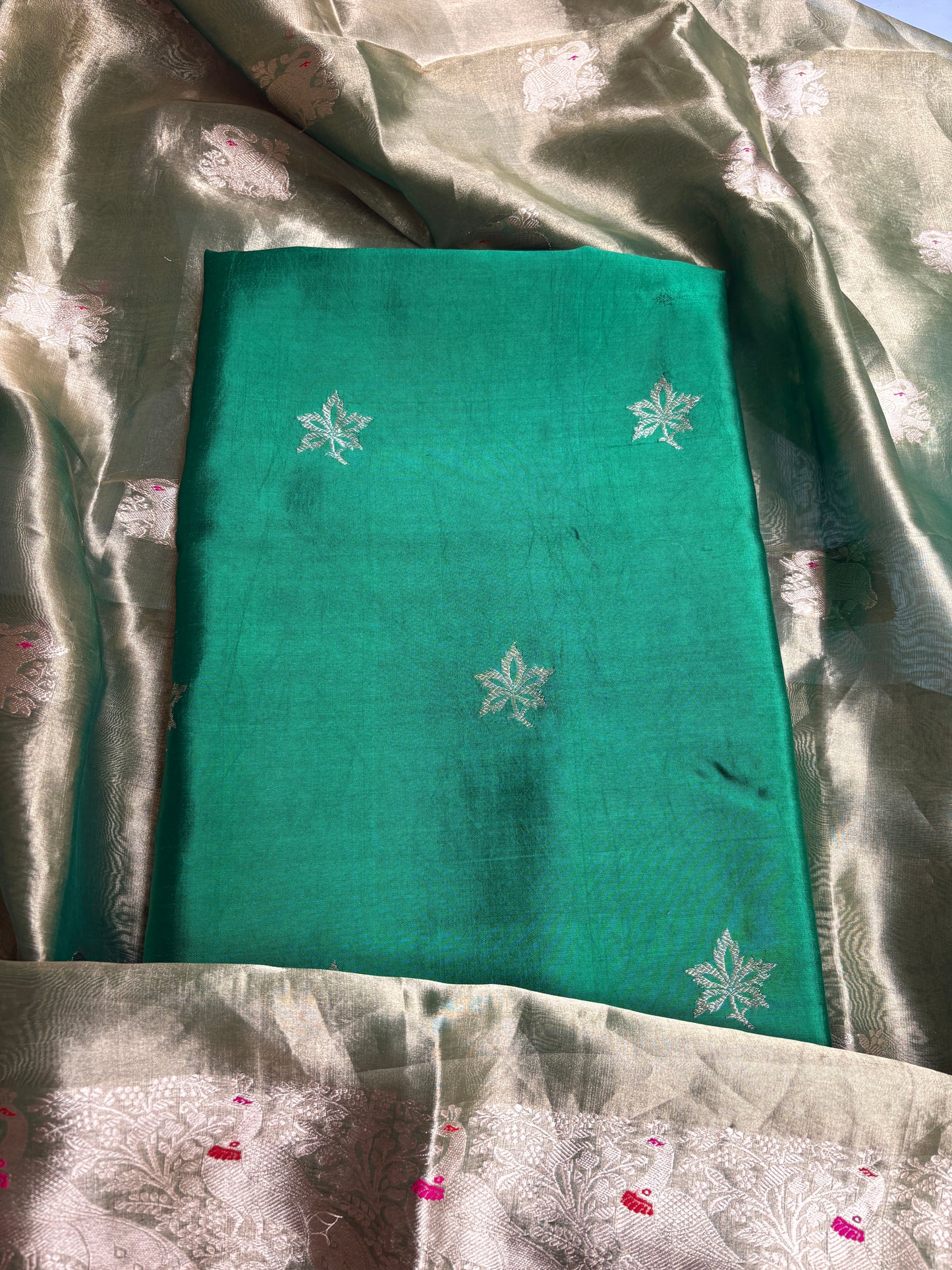 Green pure silk kadhwa kurta, tissue dupatta