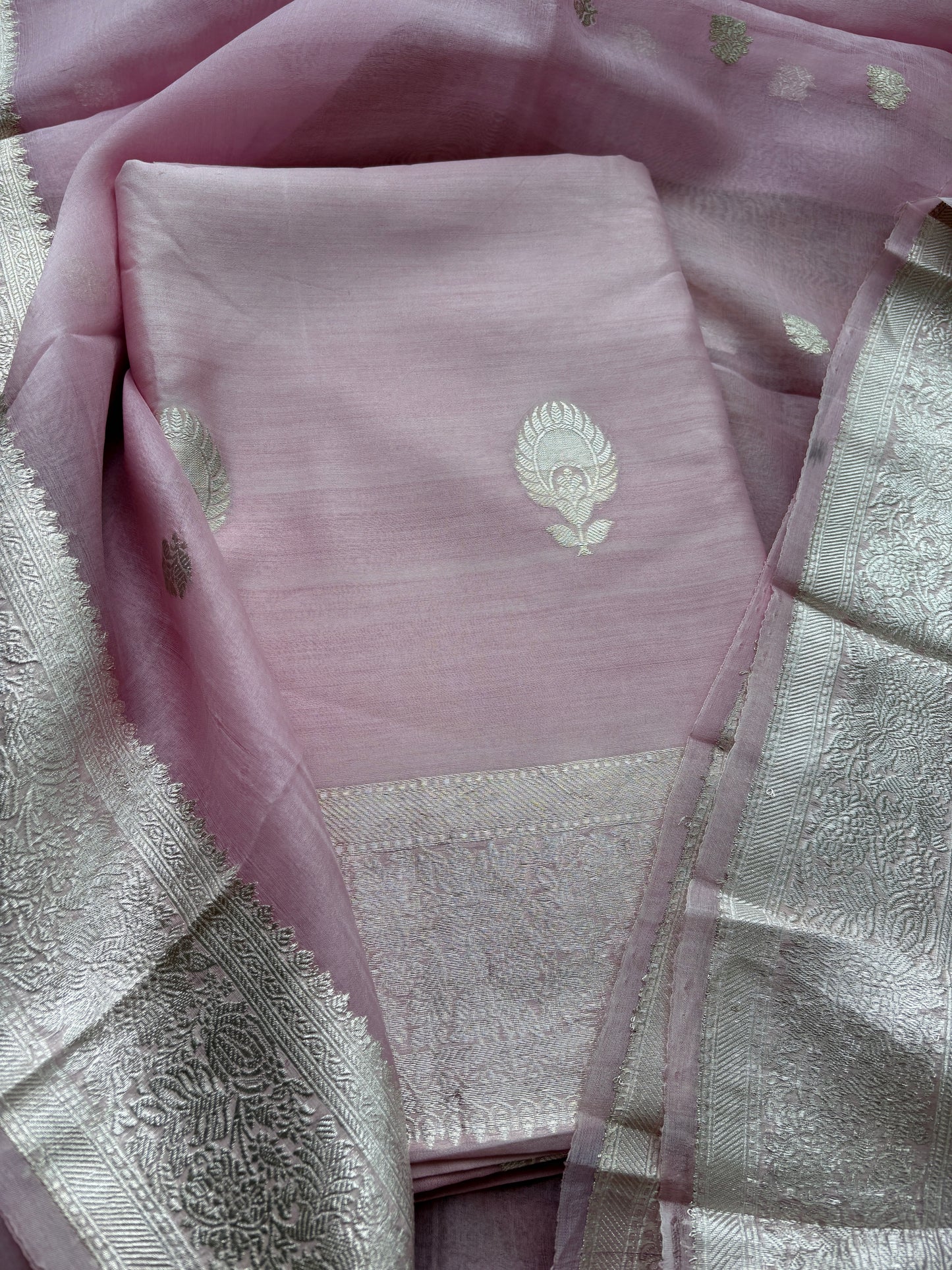 Pink lavender silver zari Chiniya silk suit set