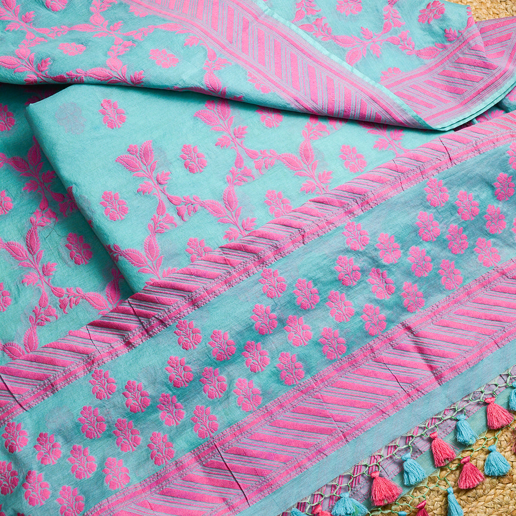 Blue base pink Resham weaving suit set