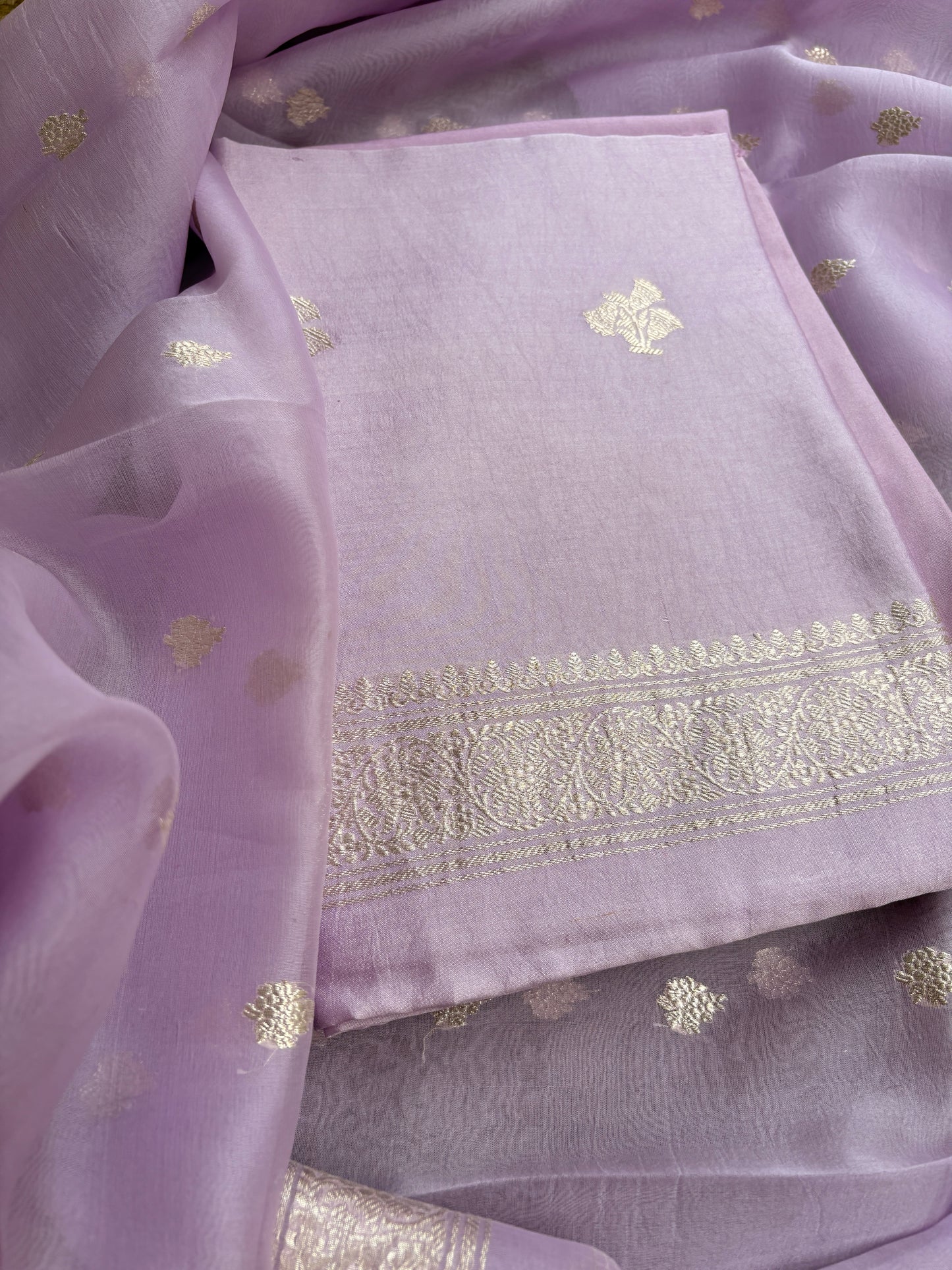 Lavender Chiniya silk silver zari 3 piece suit set