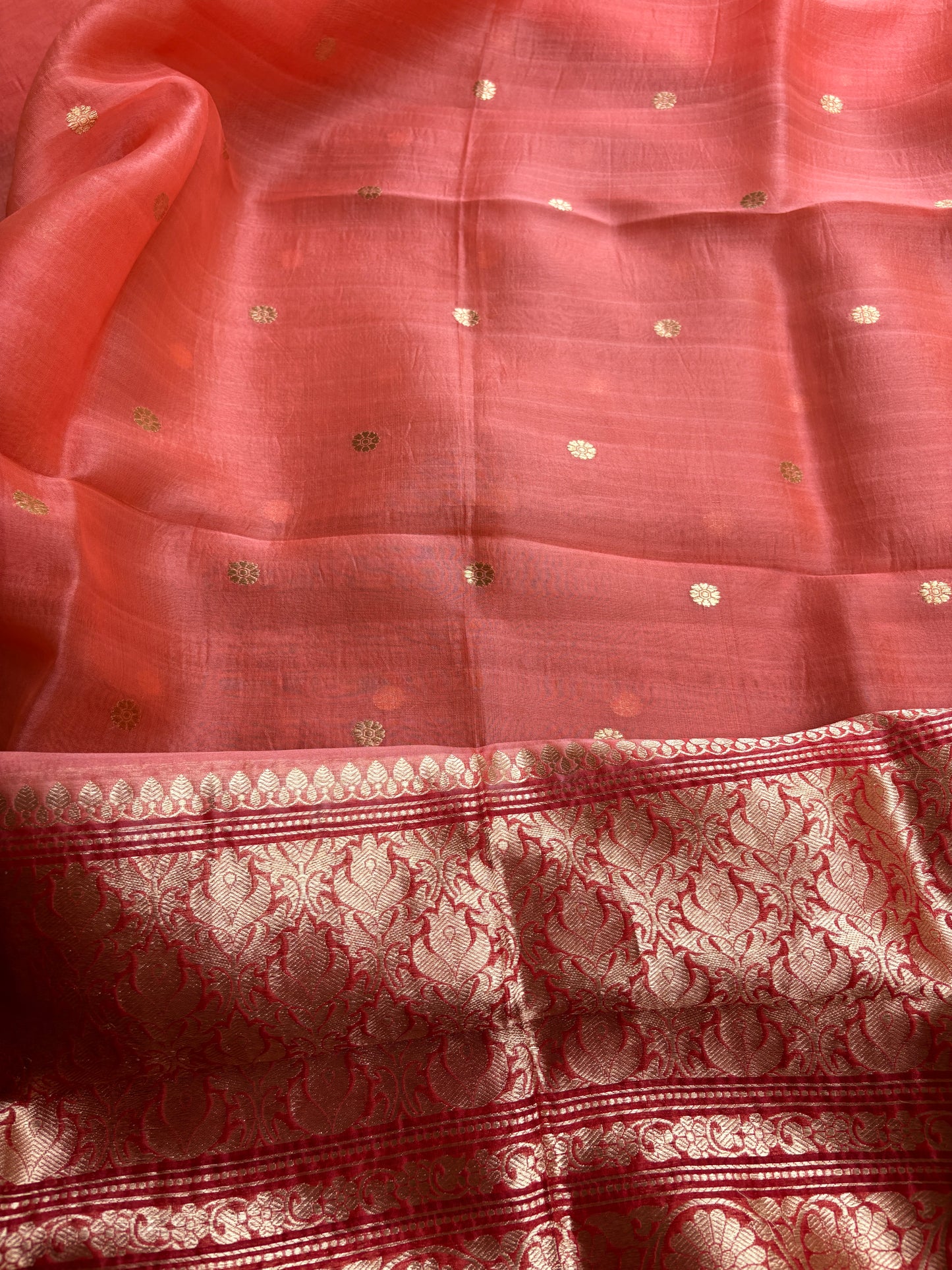 Red raw silk kurta, bottom and kora silk shaded dupatta