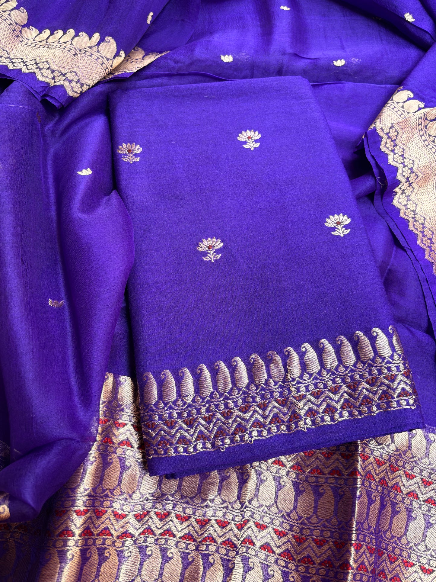 Purple moonga silk kurta, bottom , kora kadhwa silk dupatta