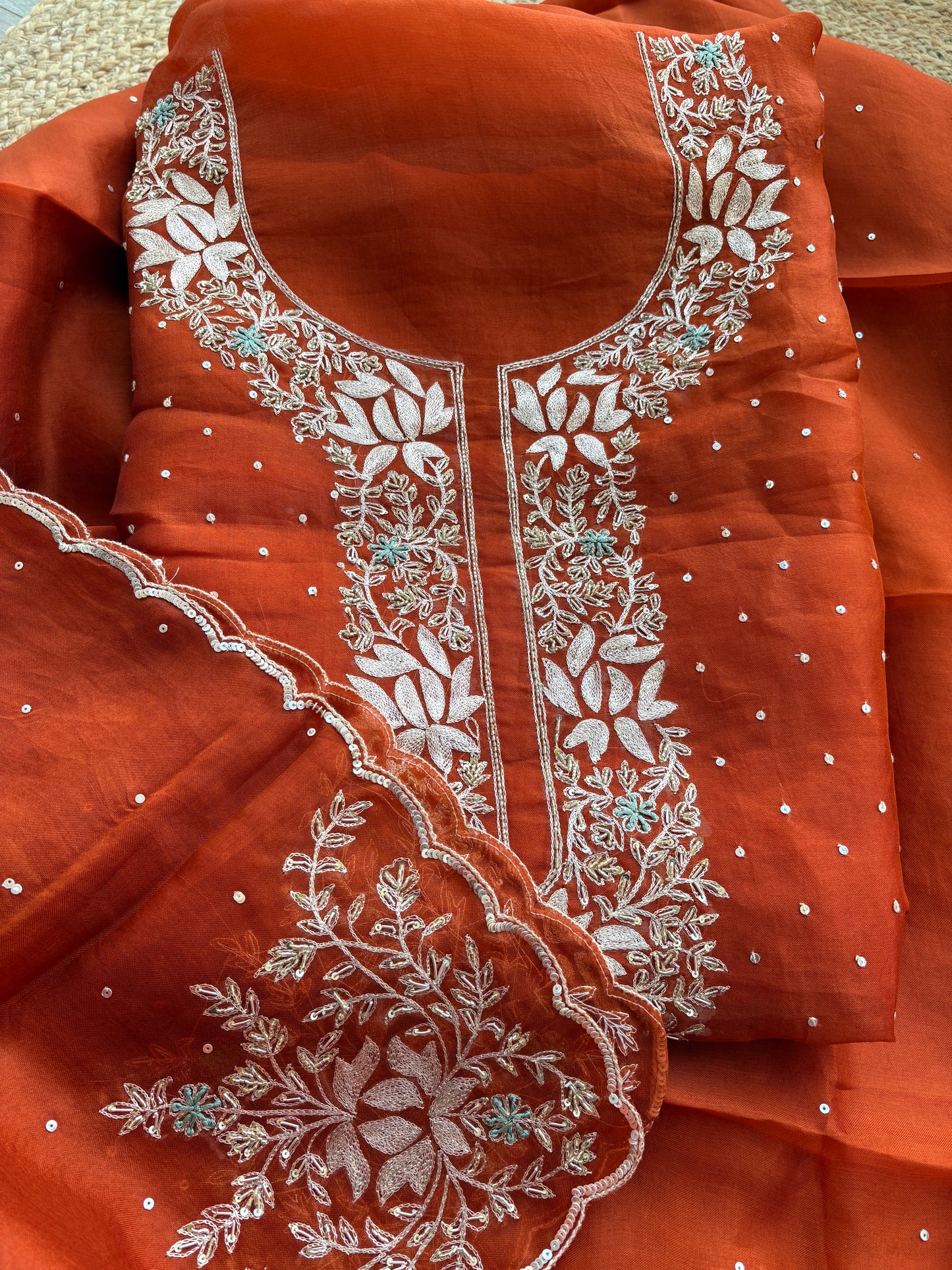 Rust kora silk hand embroidery suit set