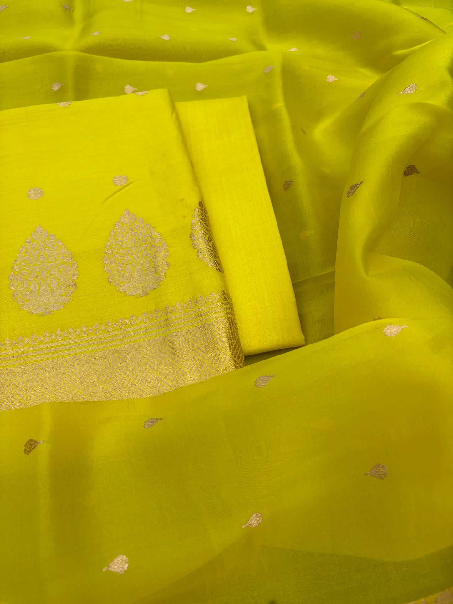 Neon green Chiniya kora silk suit set