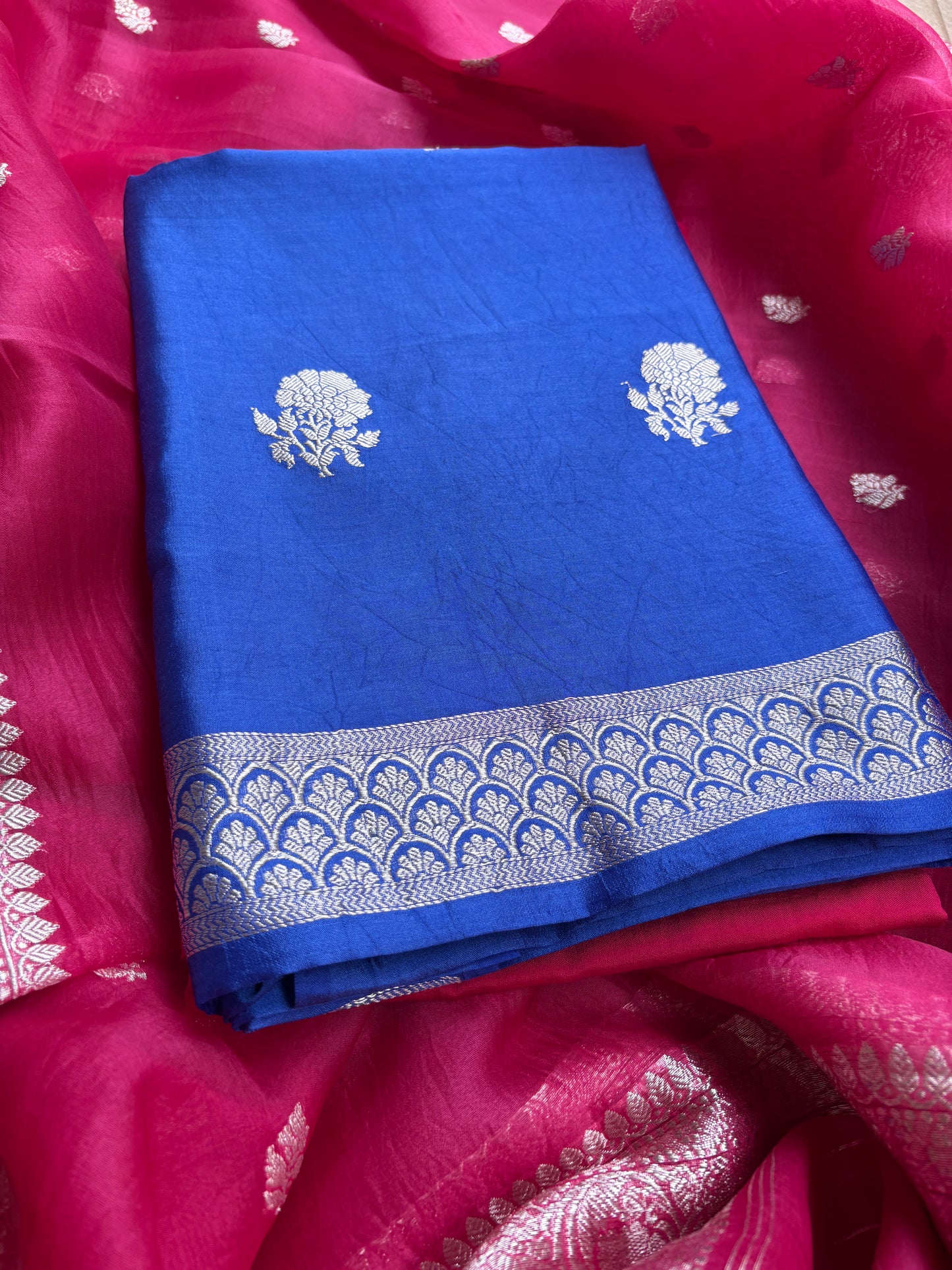 Blue Chiniya silk kurta, pink kora kadhwa dupatta, plain bottom