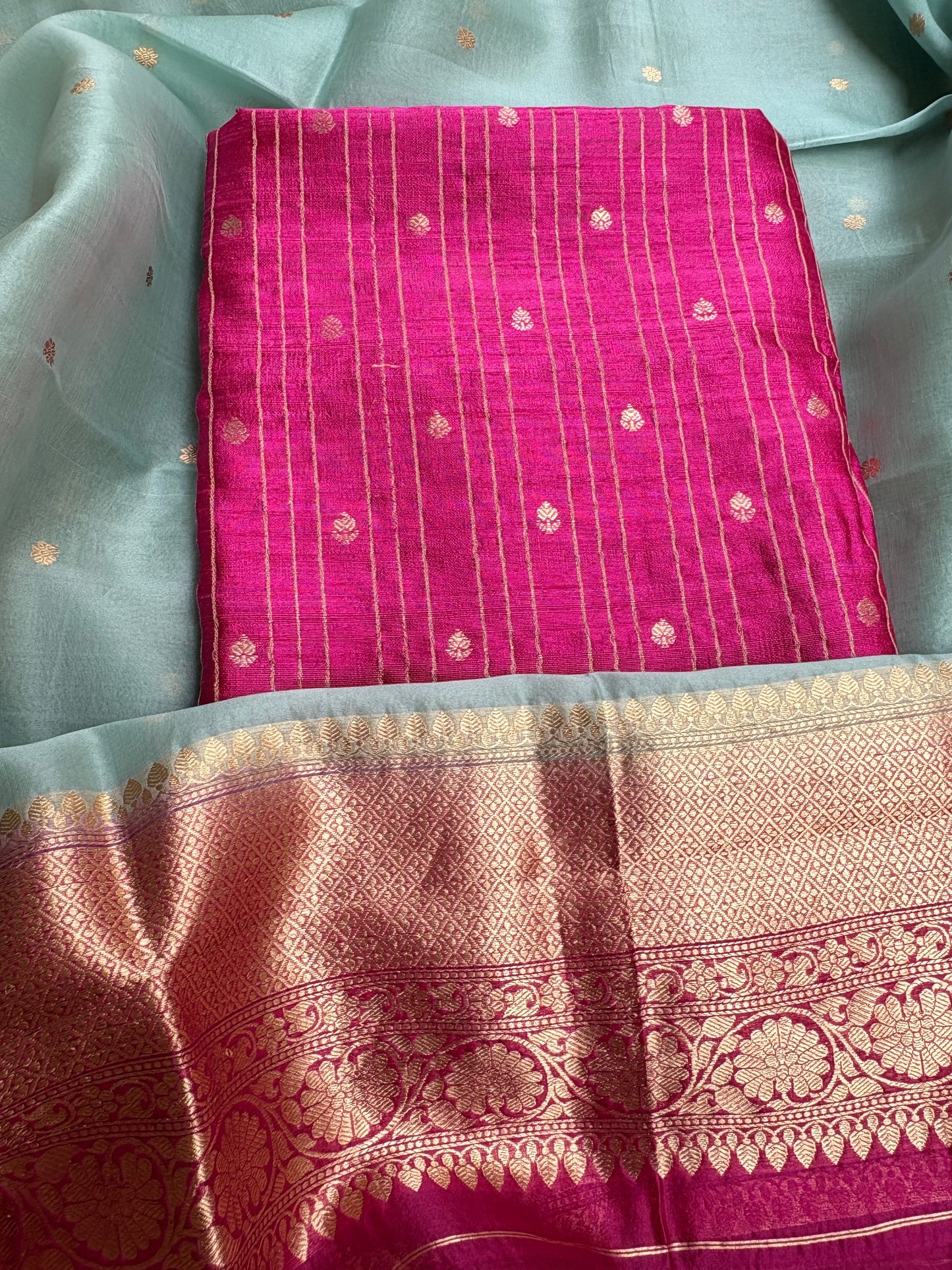 Pink raw silk kurta, bottom , kora shaded dupatta