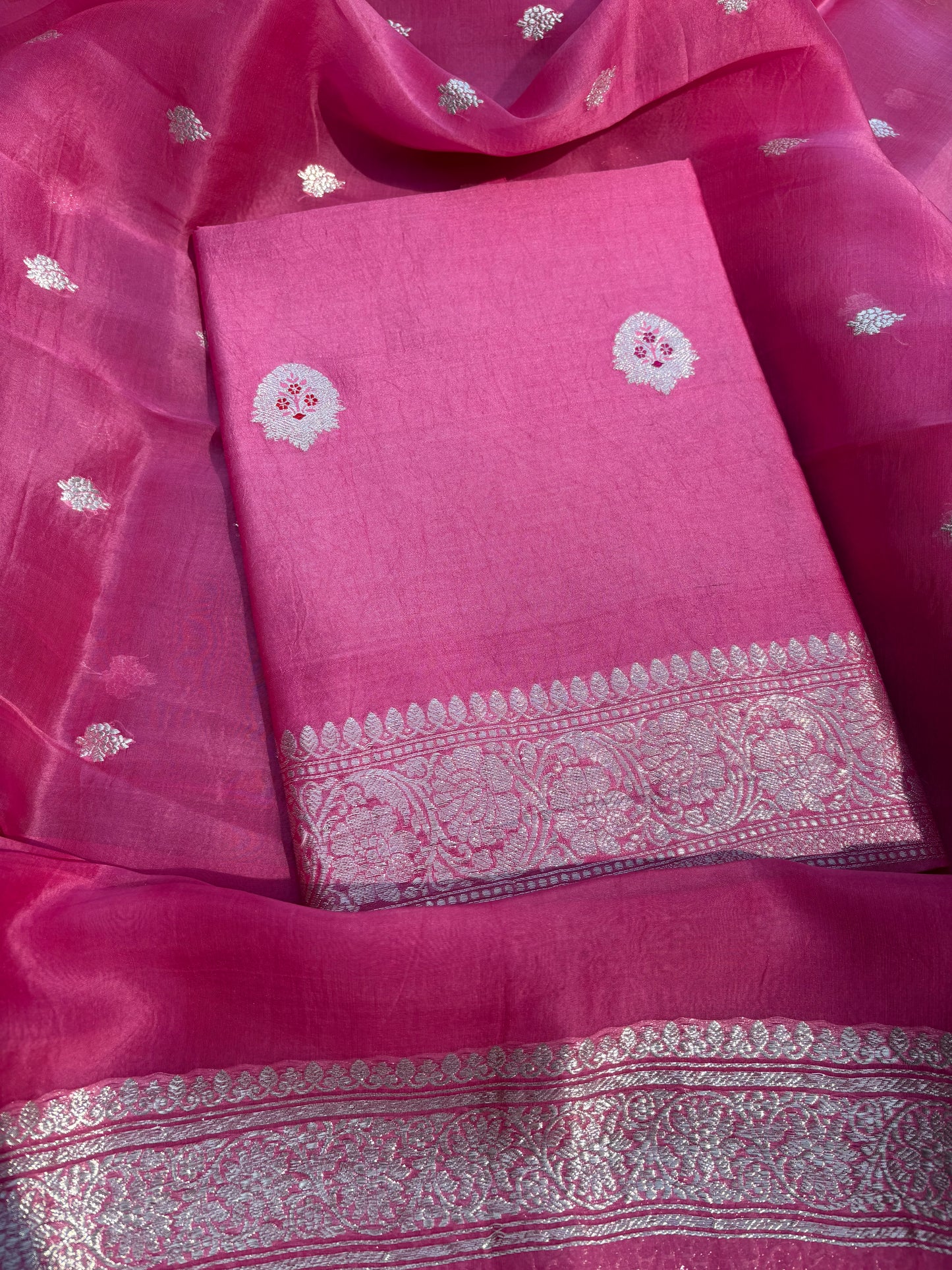 Pink Chiniya silver zari kurta, kora silk dupatta, plain bottom