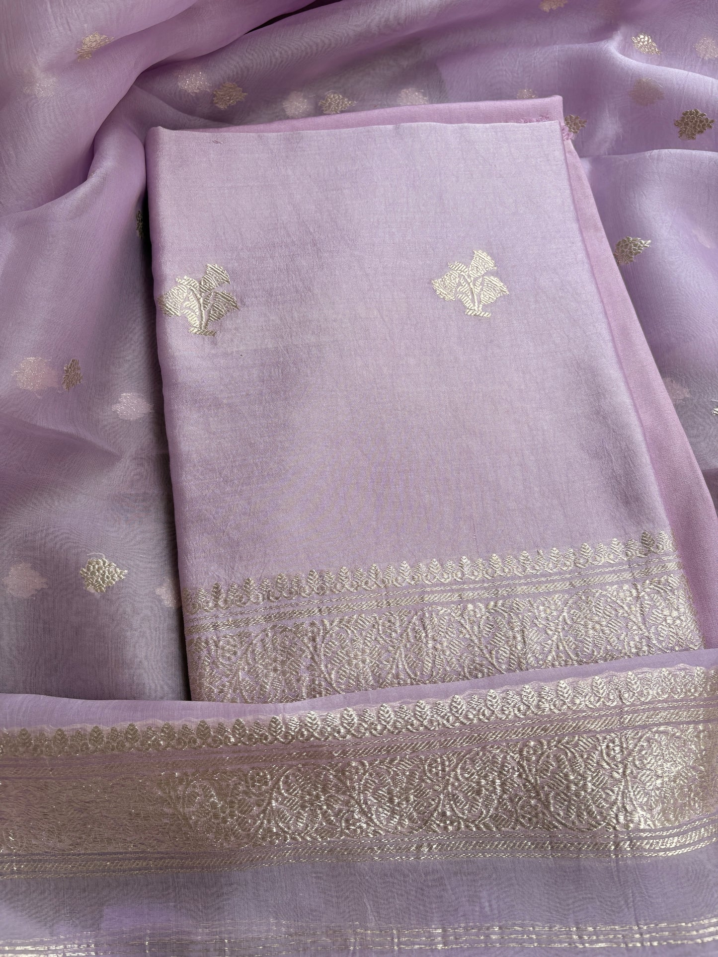 Lavender Chiniya silk silver zari 3 piece suit set