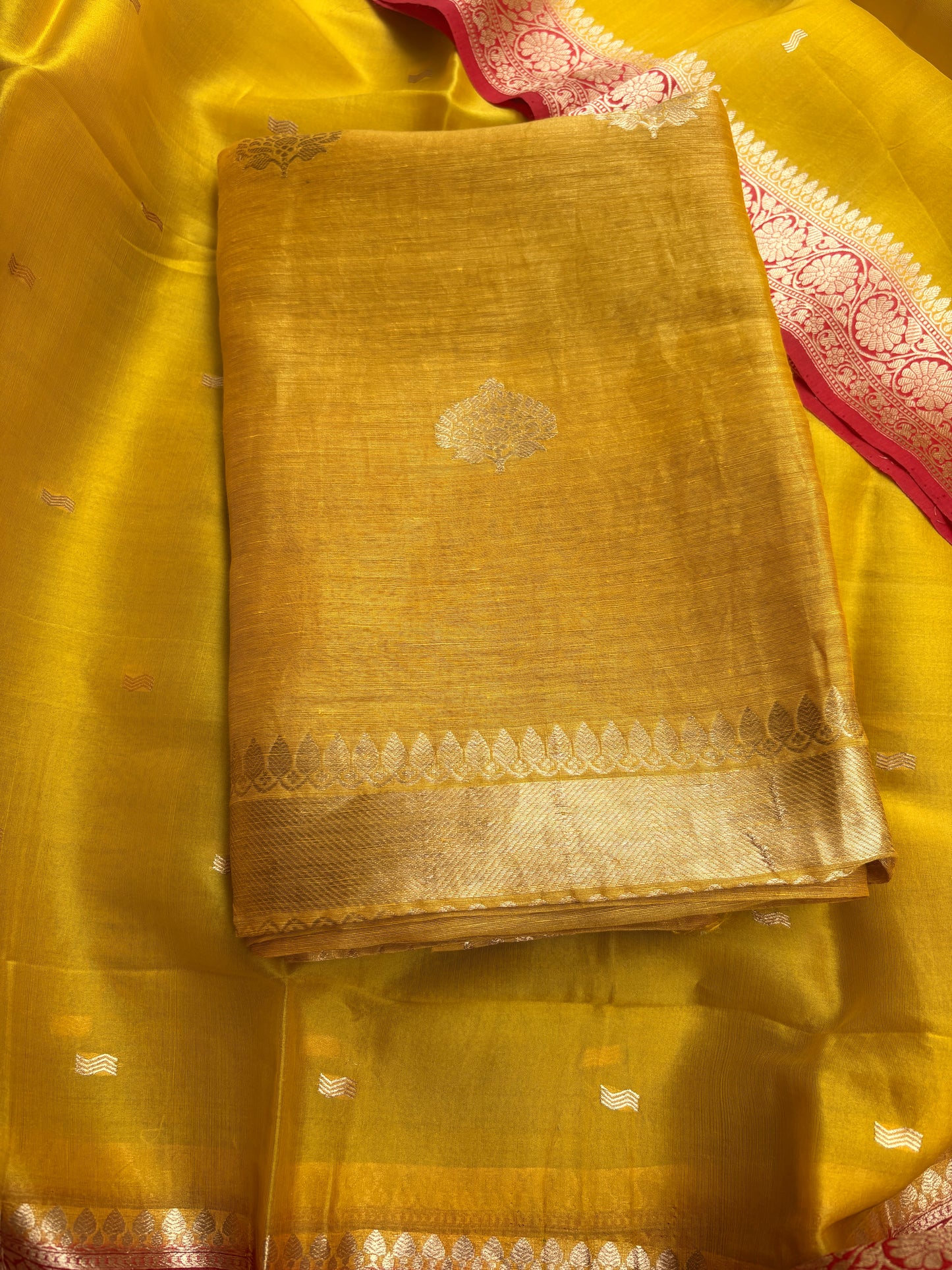 Yellow linen silk kurta, bottom, shaded kora dupatta