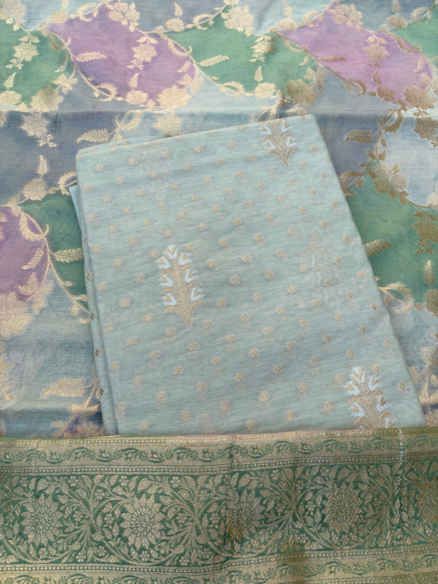 Turq Chanderi kurta, rangkat dupatta , plain bottom