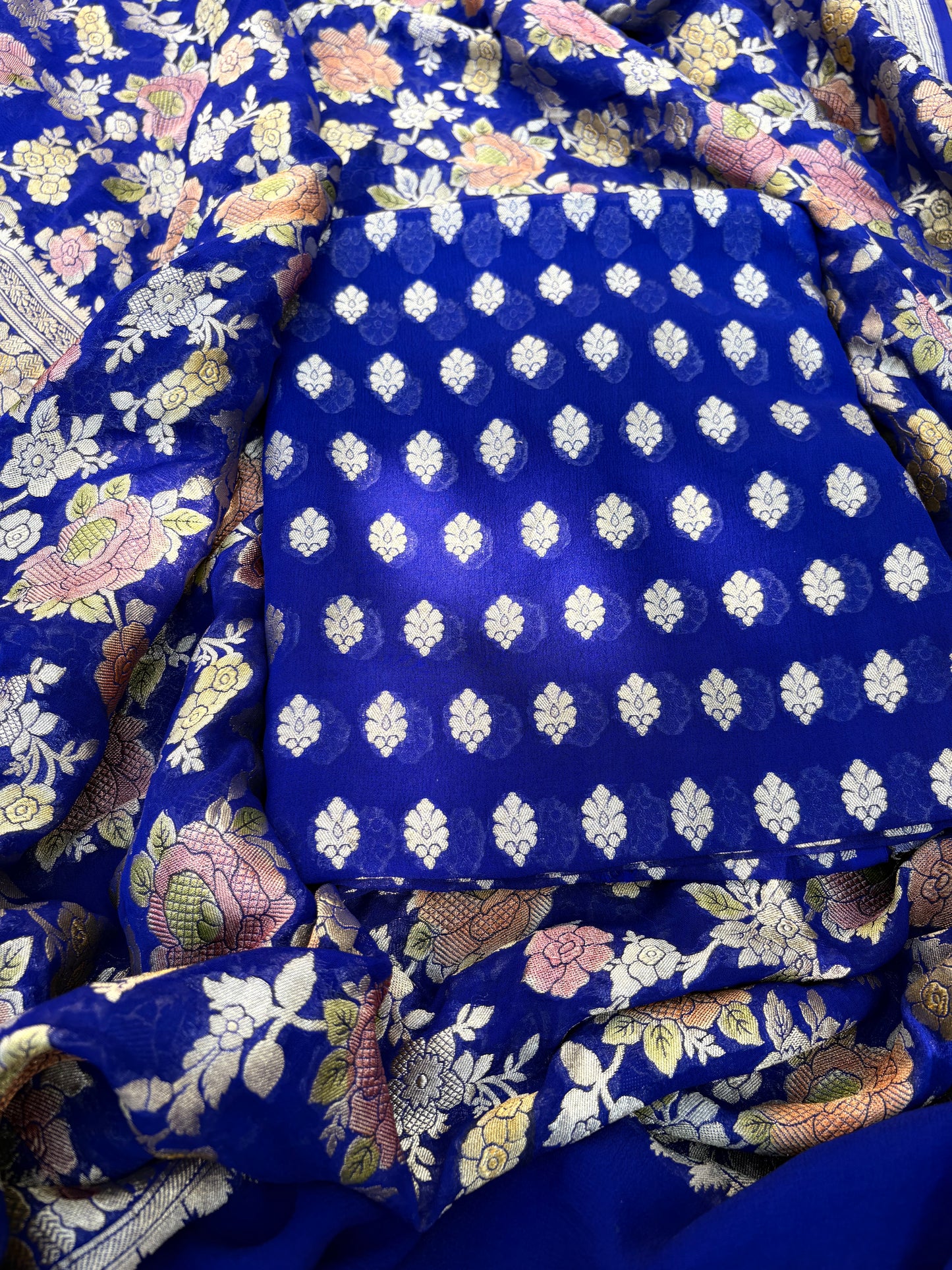 Blue Khaddi georgette kurta, handbrushed dupatta, plain bottom