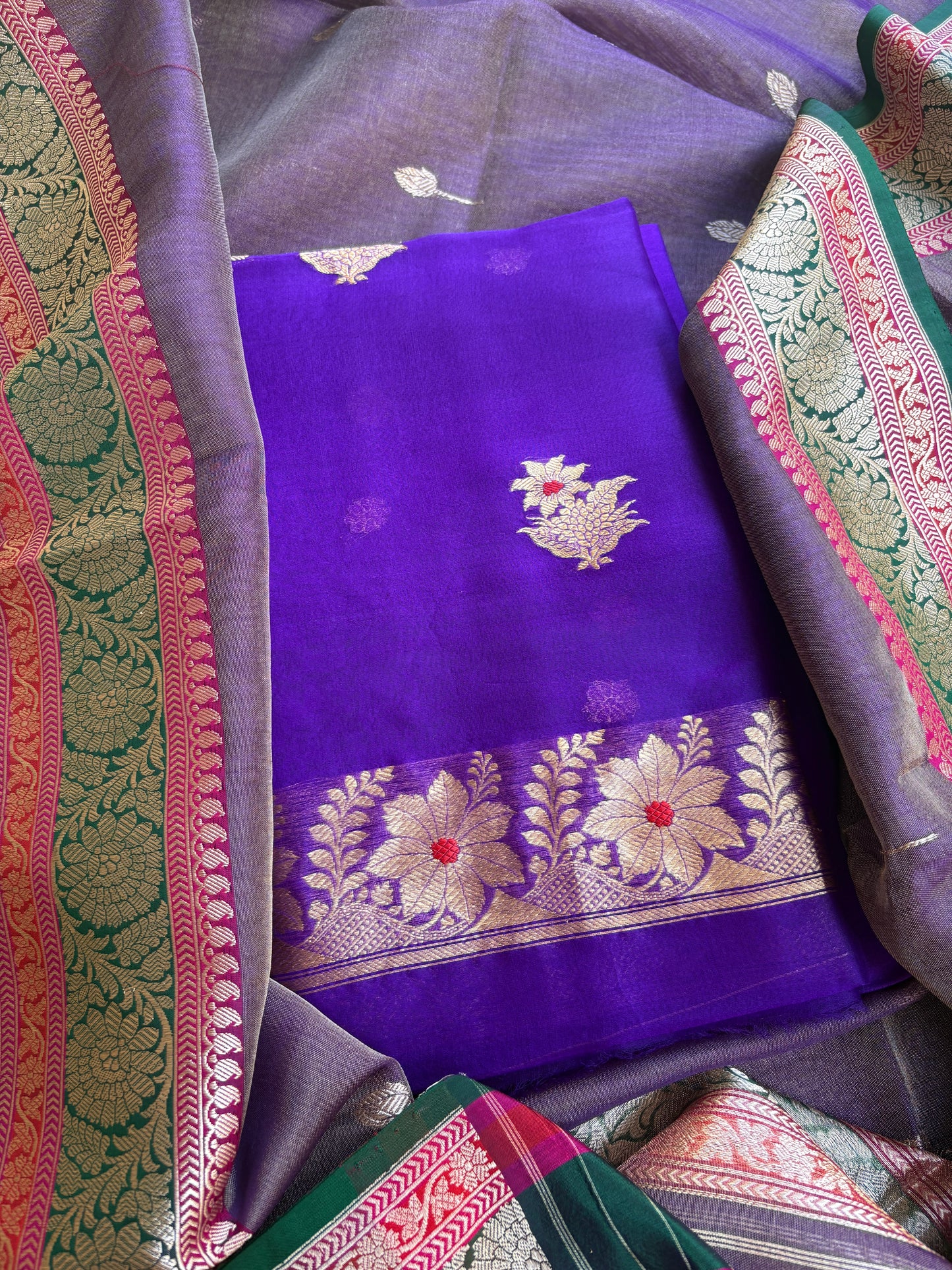 Purple kora kurta, kadhwa kora tissue dupatta, pure silk bottom