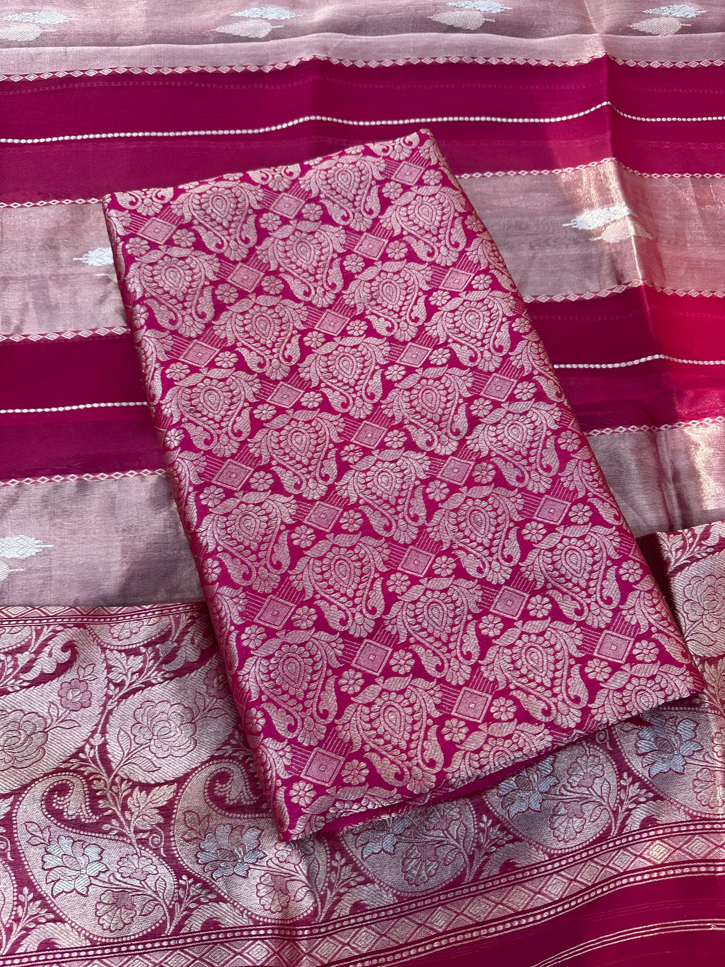 Rani raw mango silk brocade silk kurta, kora tissue dupatta, plain bottom