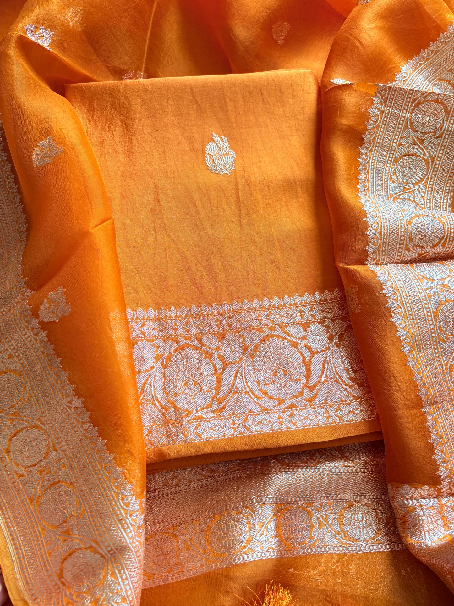 Orange Chiniya silver zari suit set