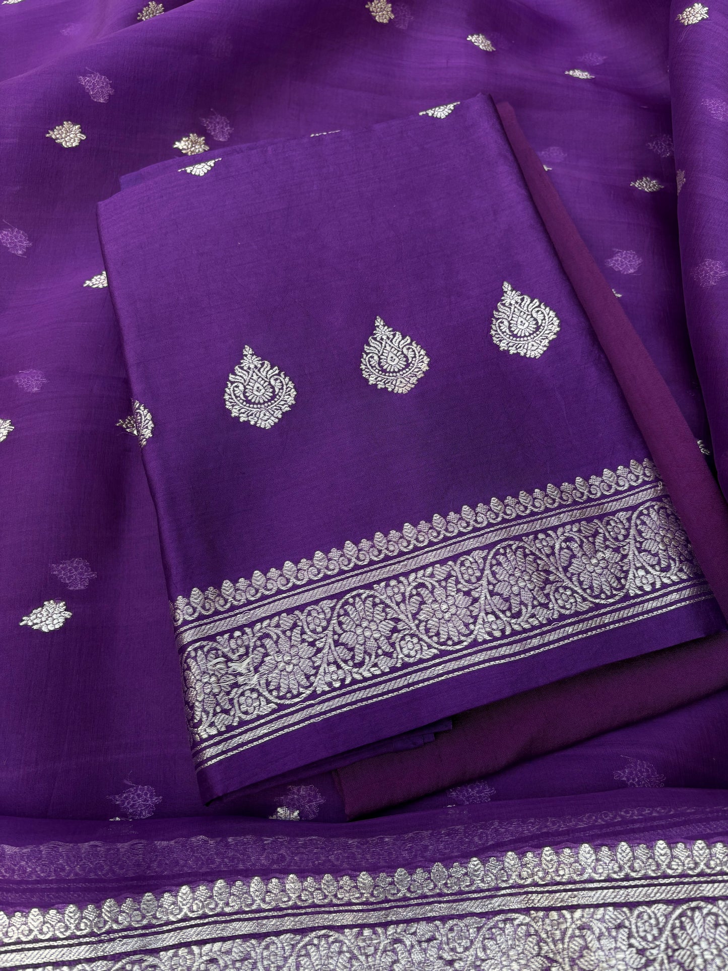 Purple silver zari Chiniya kora silk suit set
